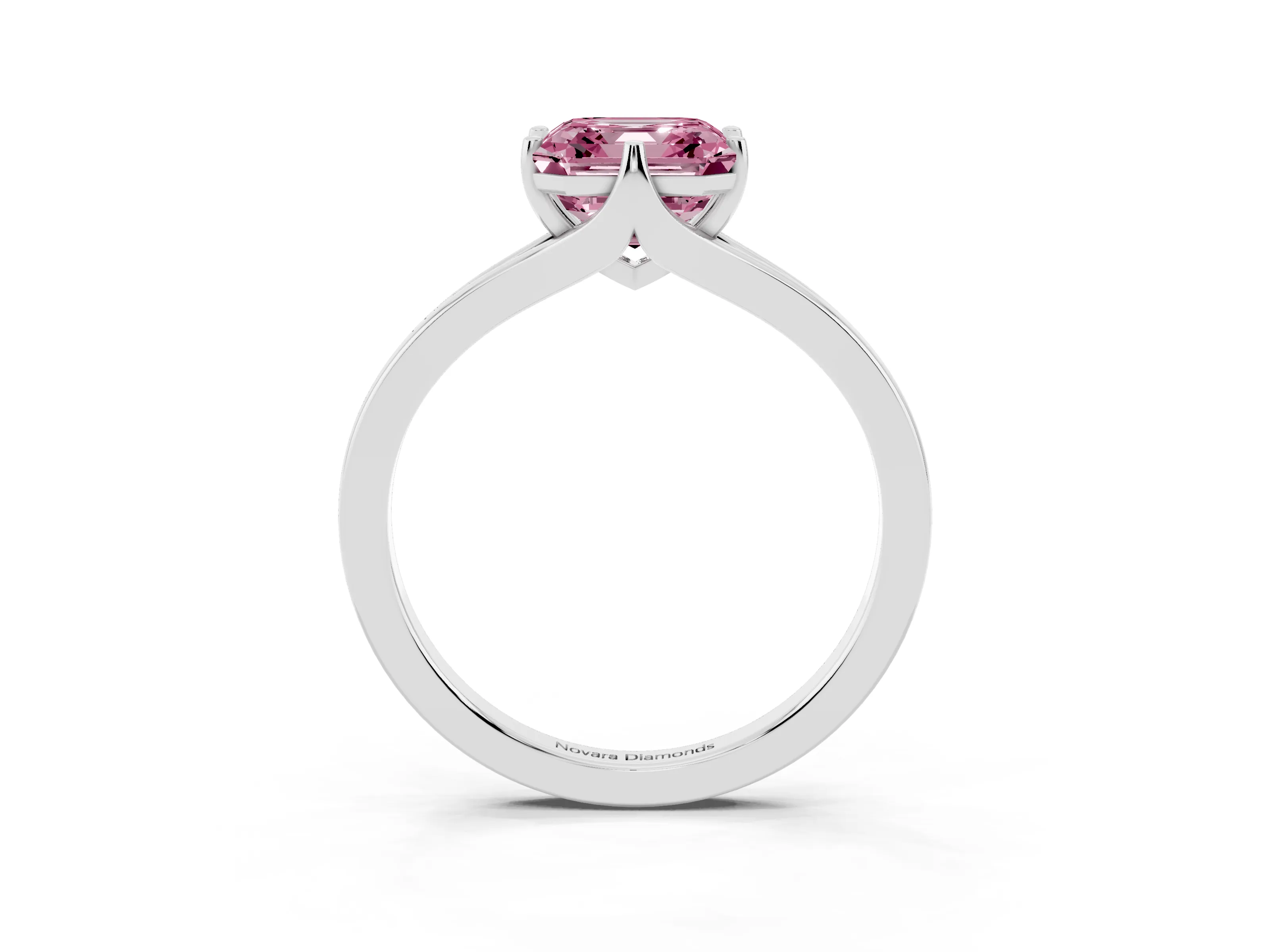 Fancy Pink Asscher Cut Diamond Solitaire Ring Set in White gold with Polished Tapered Band and Prong Setting