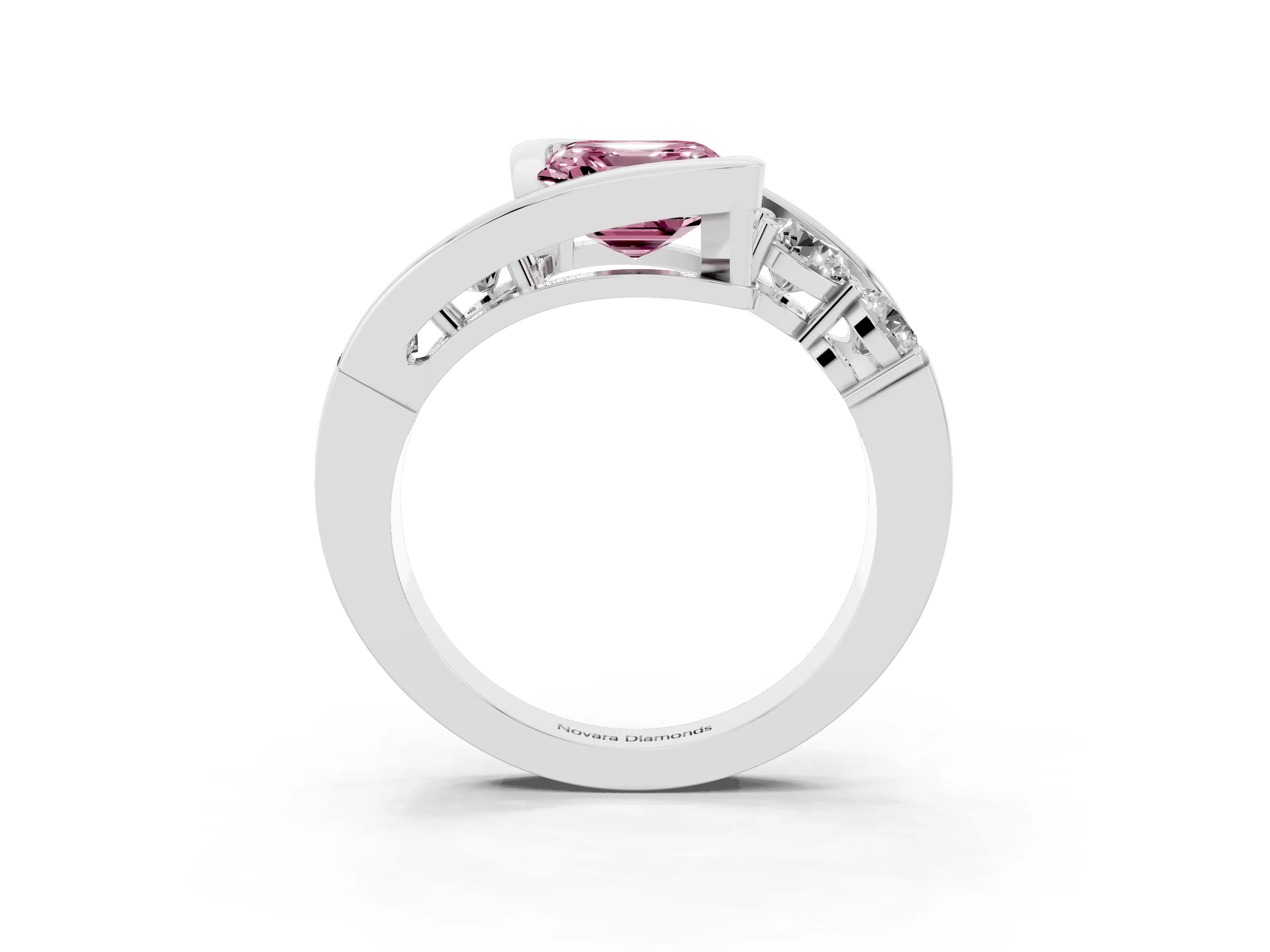 Fancy Pink Asscher Cut Diamond Bezel Bypass Ring Set in Silver with Round Accents