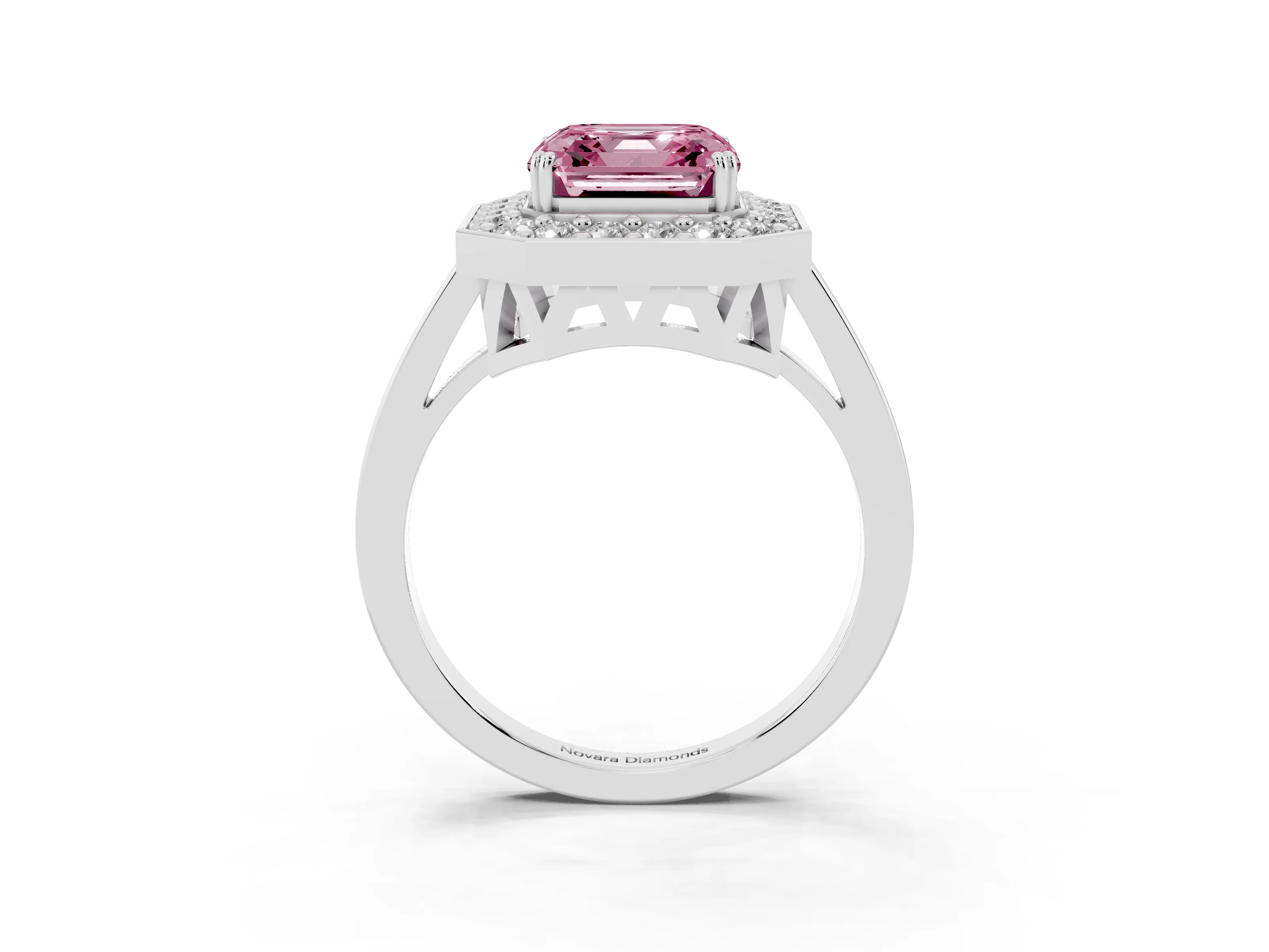 Fancy Pink Asscher Cut Diamond Halo Ring Set in Silver with Accent-Lined Split Shank and Prong Setting