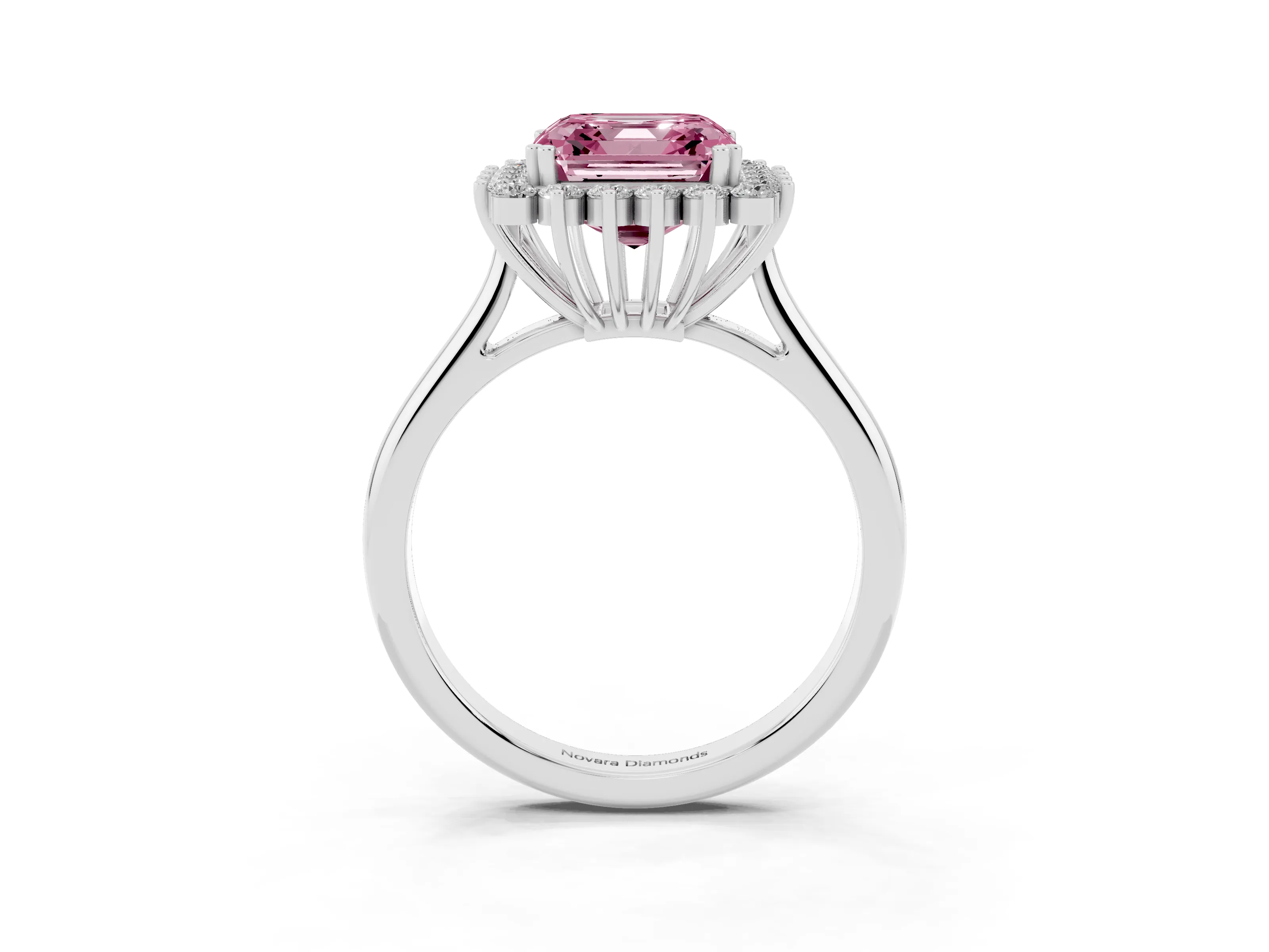 Fancy Pink Asscher Cut Diamond Halo Ring Set in Platinum with Plain Solitaire Band and Prong Setting