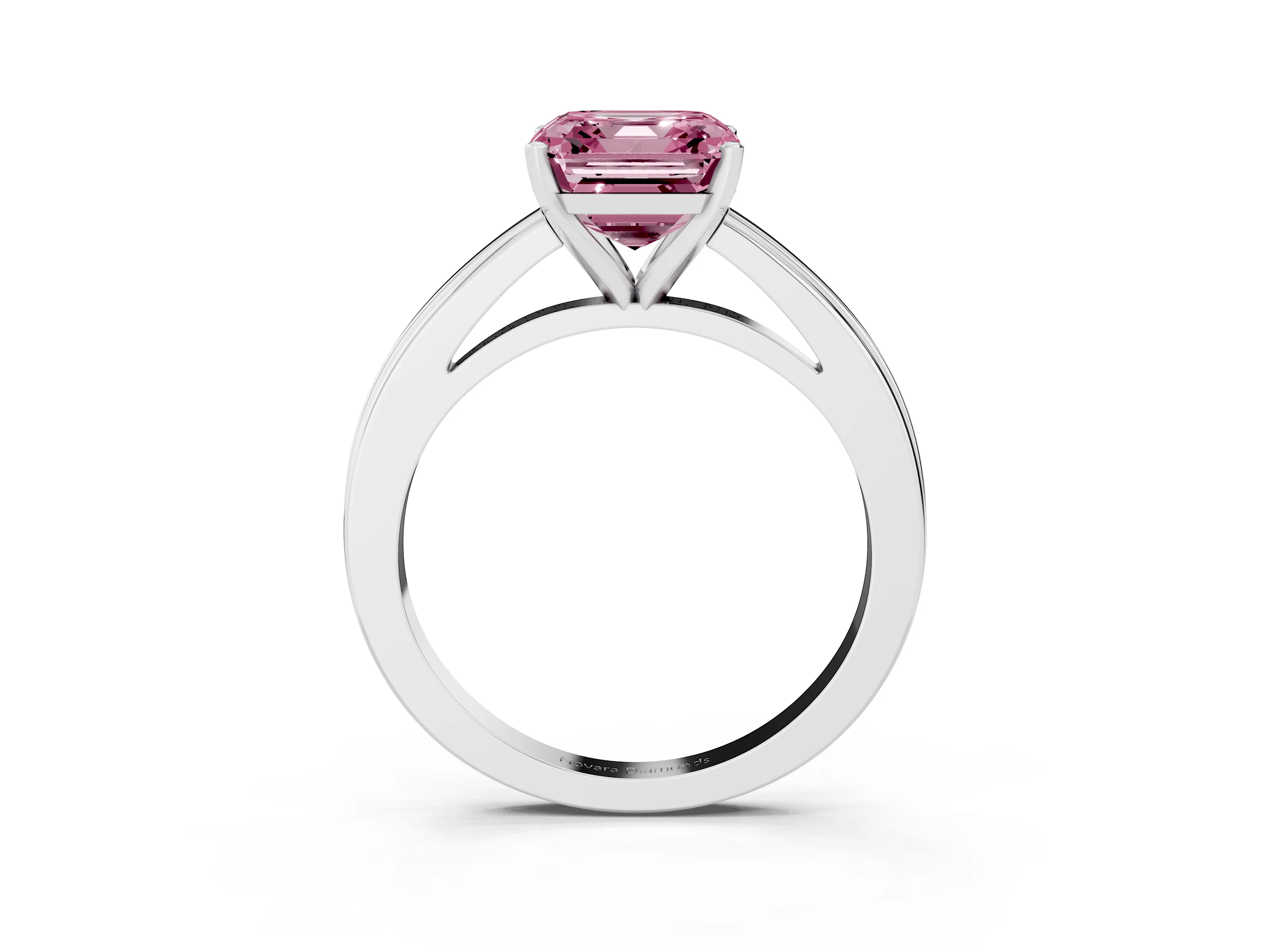 Fancy Pink Asscher Cut Diamond Solitaire Ring Set in White gold with Prong Setting and Classic Band