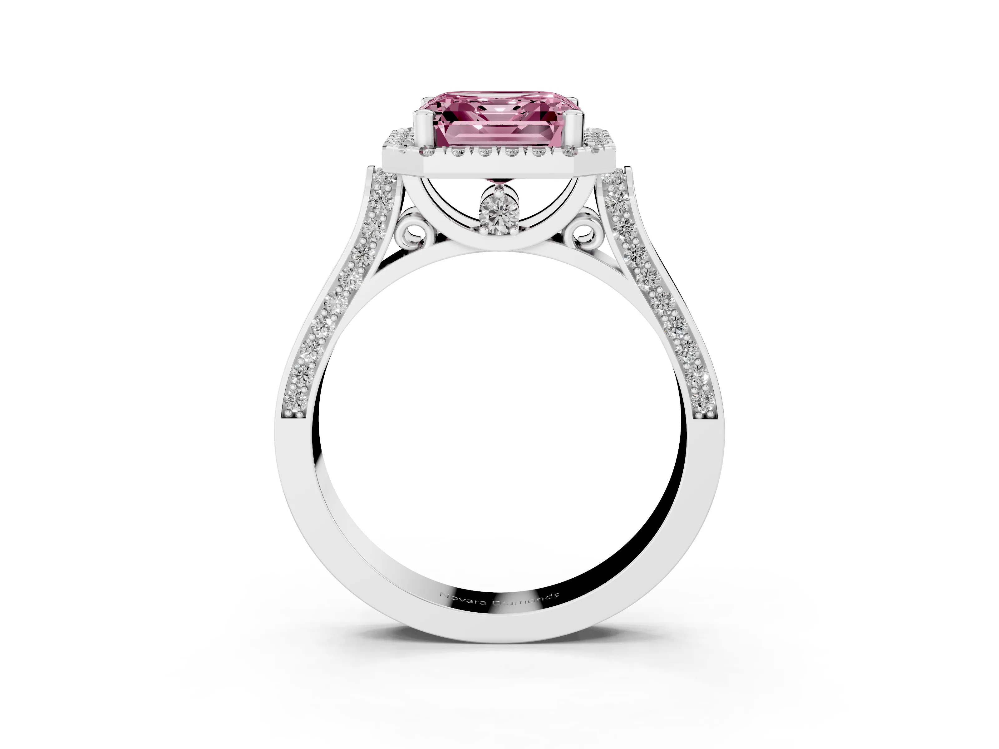 Fancy Pink Asscher Cut Diamond Halo Ring Set in Platinum with Pavé-Lined Split Shank Band