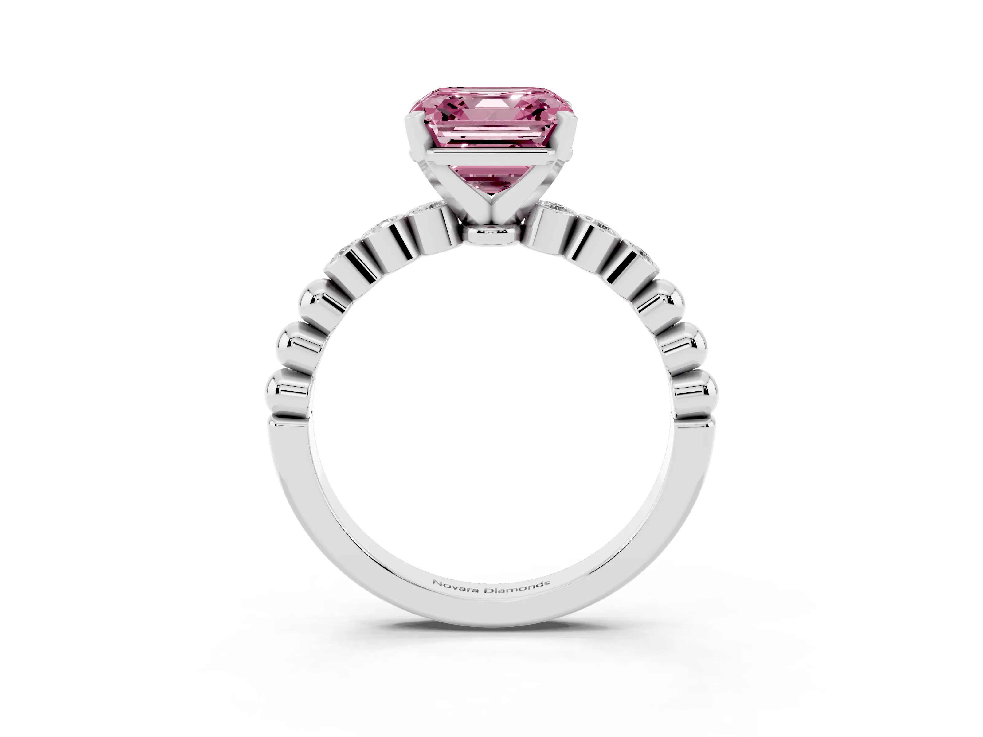 Fancy Pink Asscher Cut Diamond Solitaire Engagement Ring Set in Platinum with Bezel Accents on Beaded Band