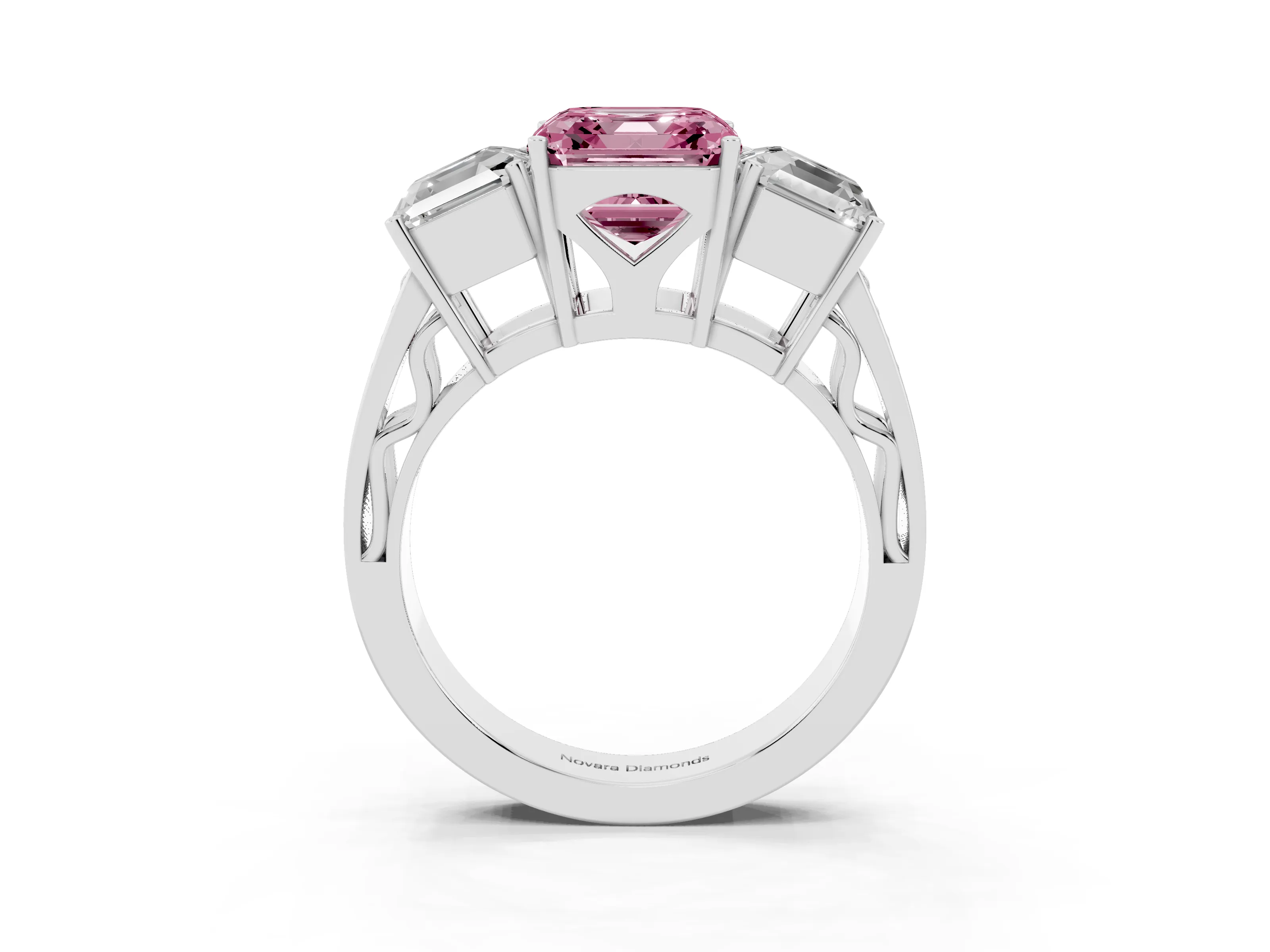 Fancy Pink Asscher Cut Diamond Three-Stone Ring Set in White gold with Textured Band