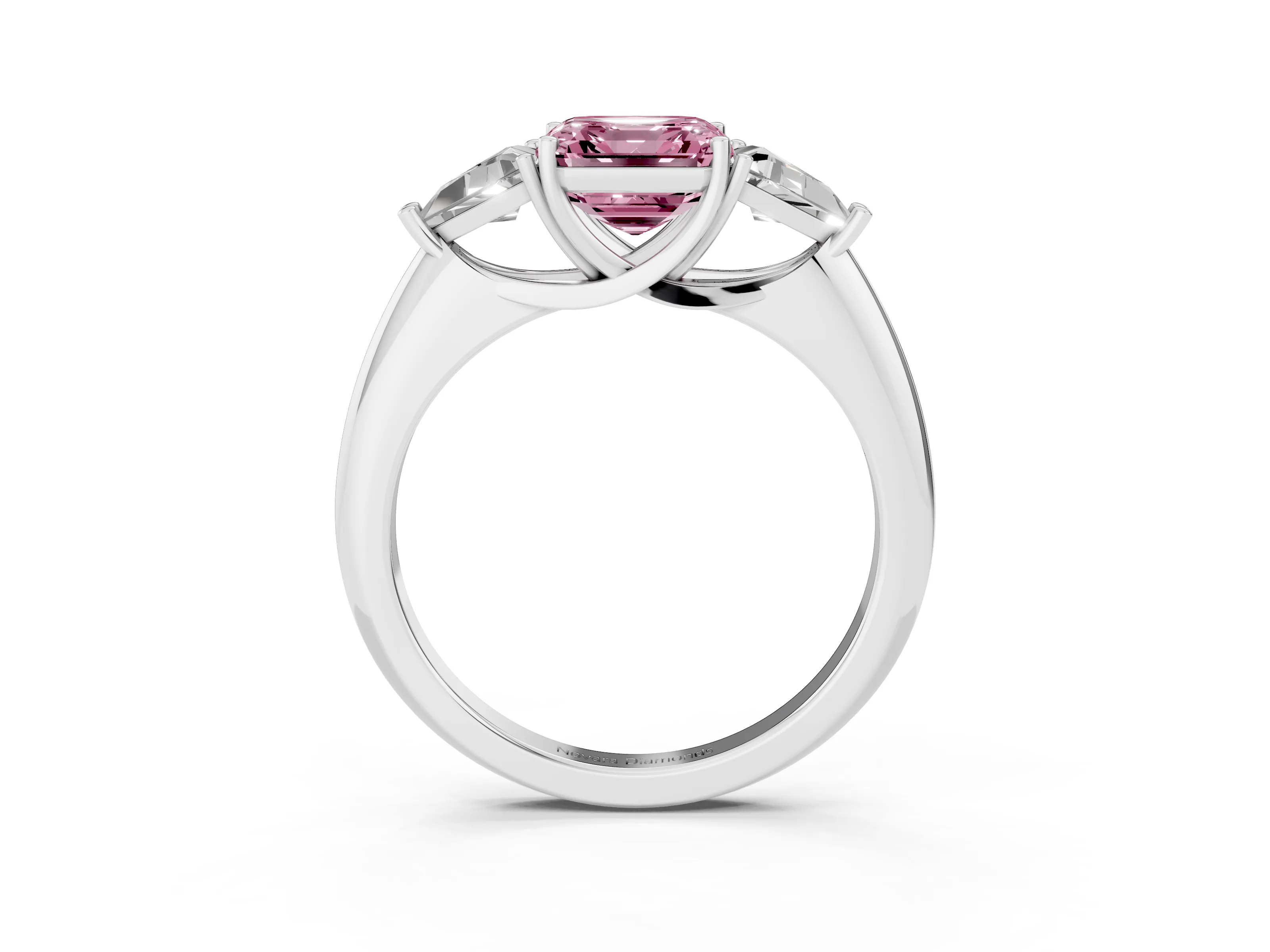 Fancy Pink Asscher Cut Diamond Three-Stone Engagement Ring Set in White gold with Trillion Side Stones