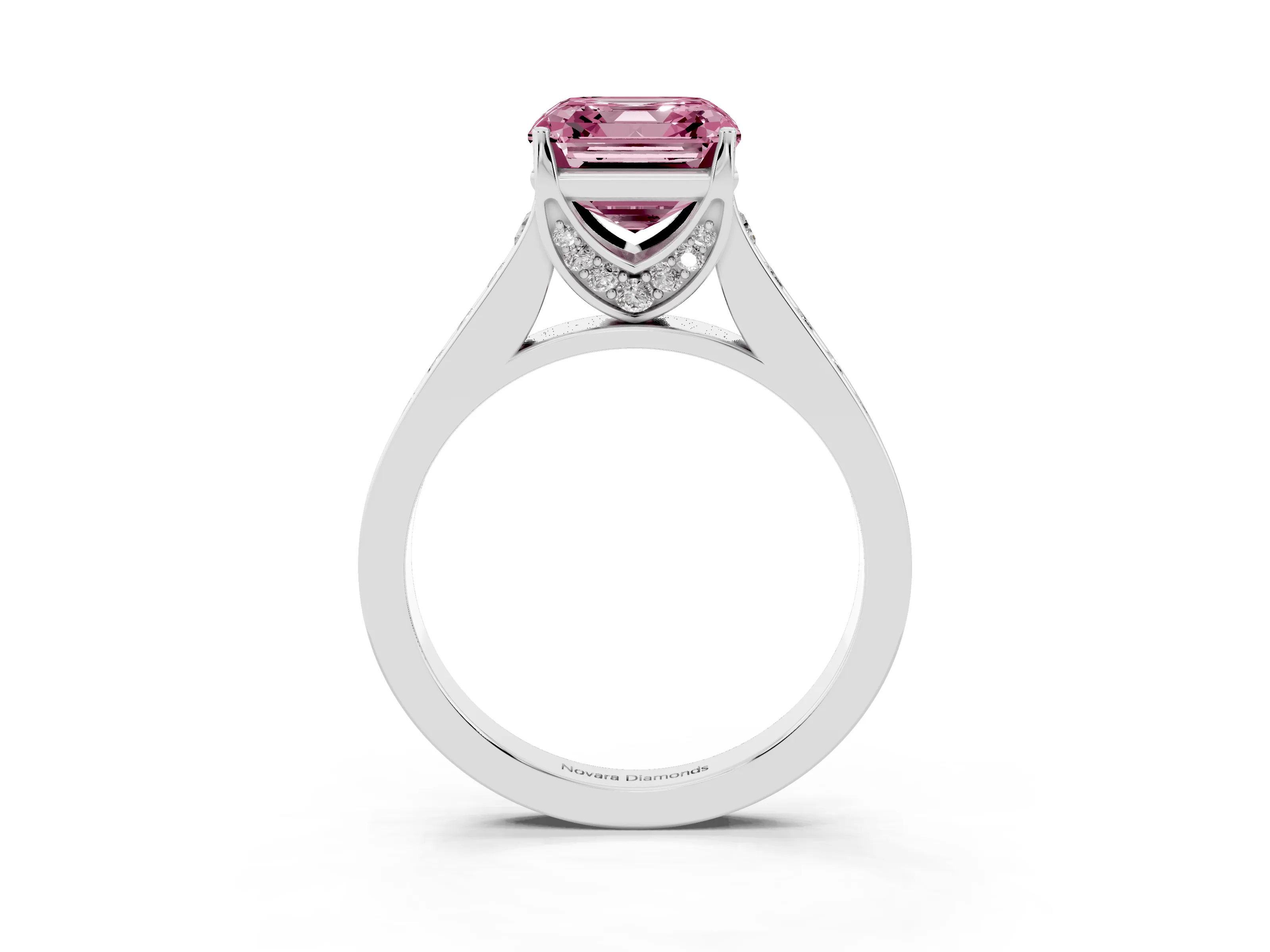 Fancy Pink Asscher Cut Diamond Solitaire Pavé Engagement Ring Set in Platinum with Prong Setting