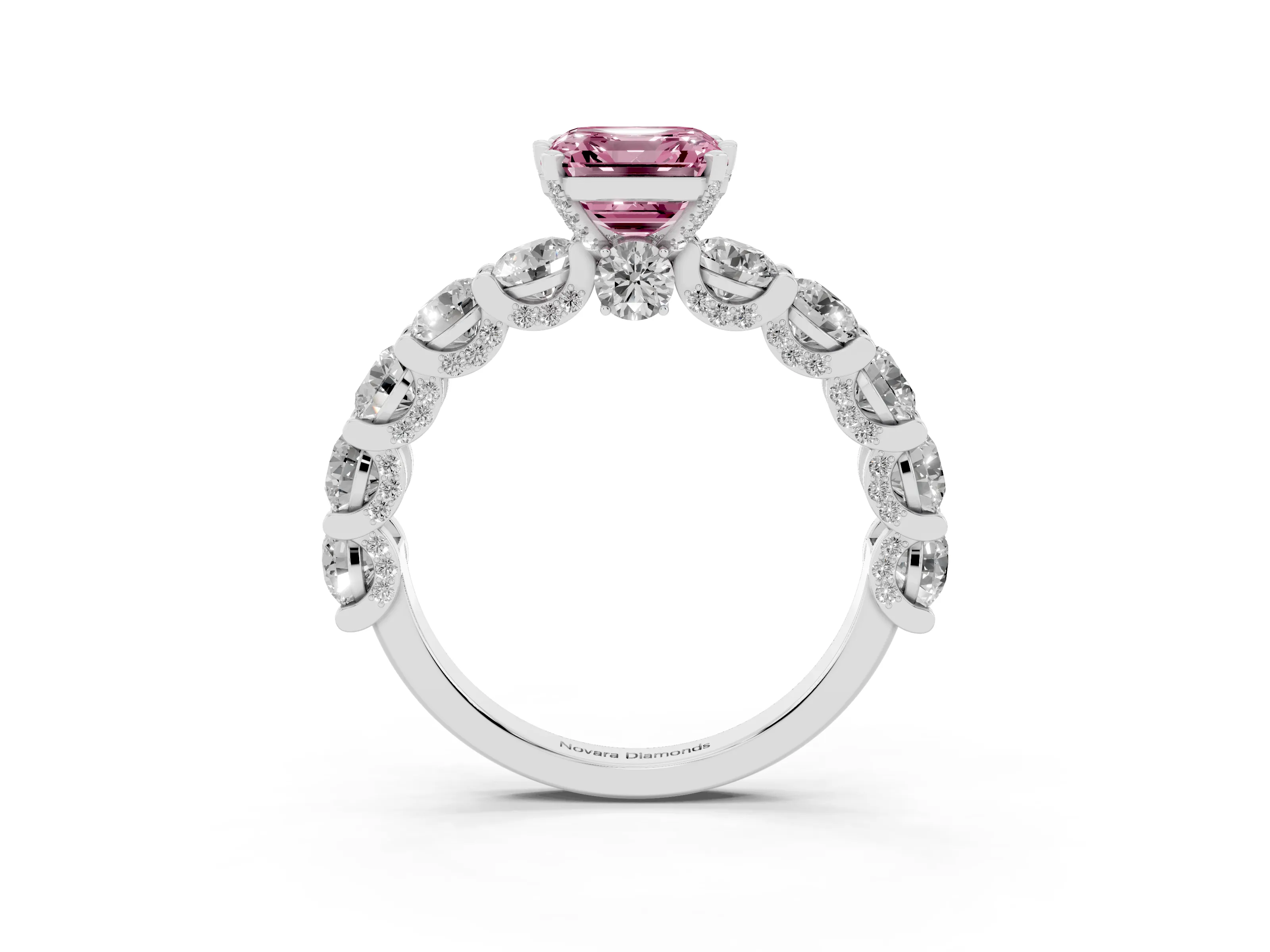Fancy Pink Asscher Cut Diamond Side Stone Ring Set in White gold with Alternating Round and Oval Side Stones