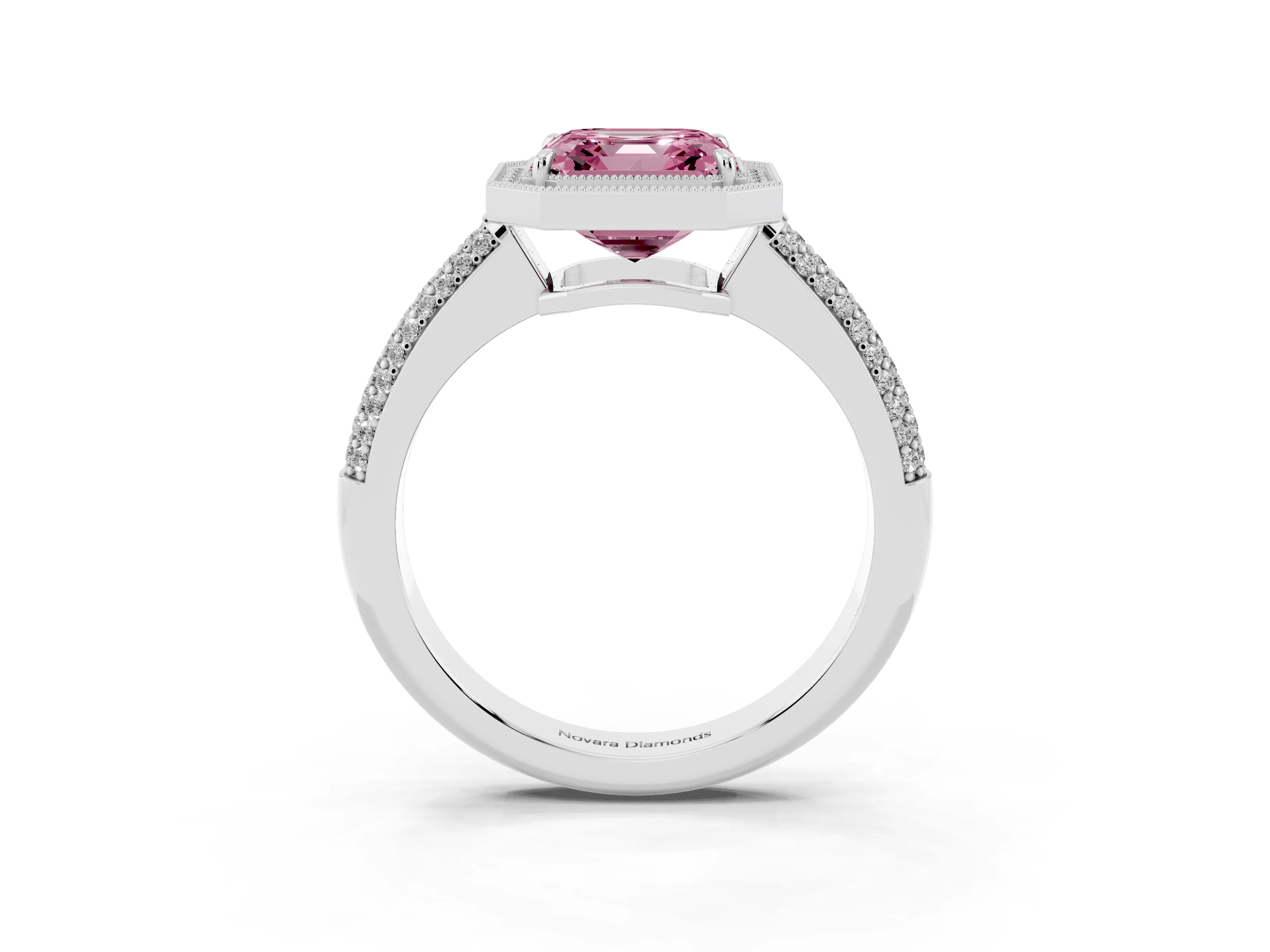 Fancy Pink Asscher Cut Diamond Halo Pavé Band Set in White gold with Prong Setting