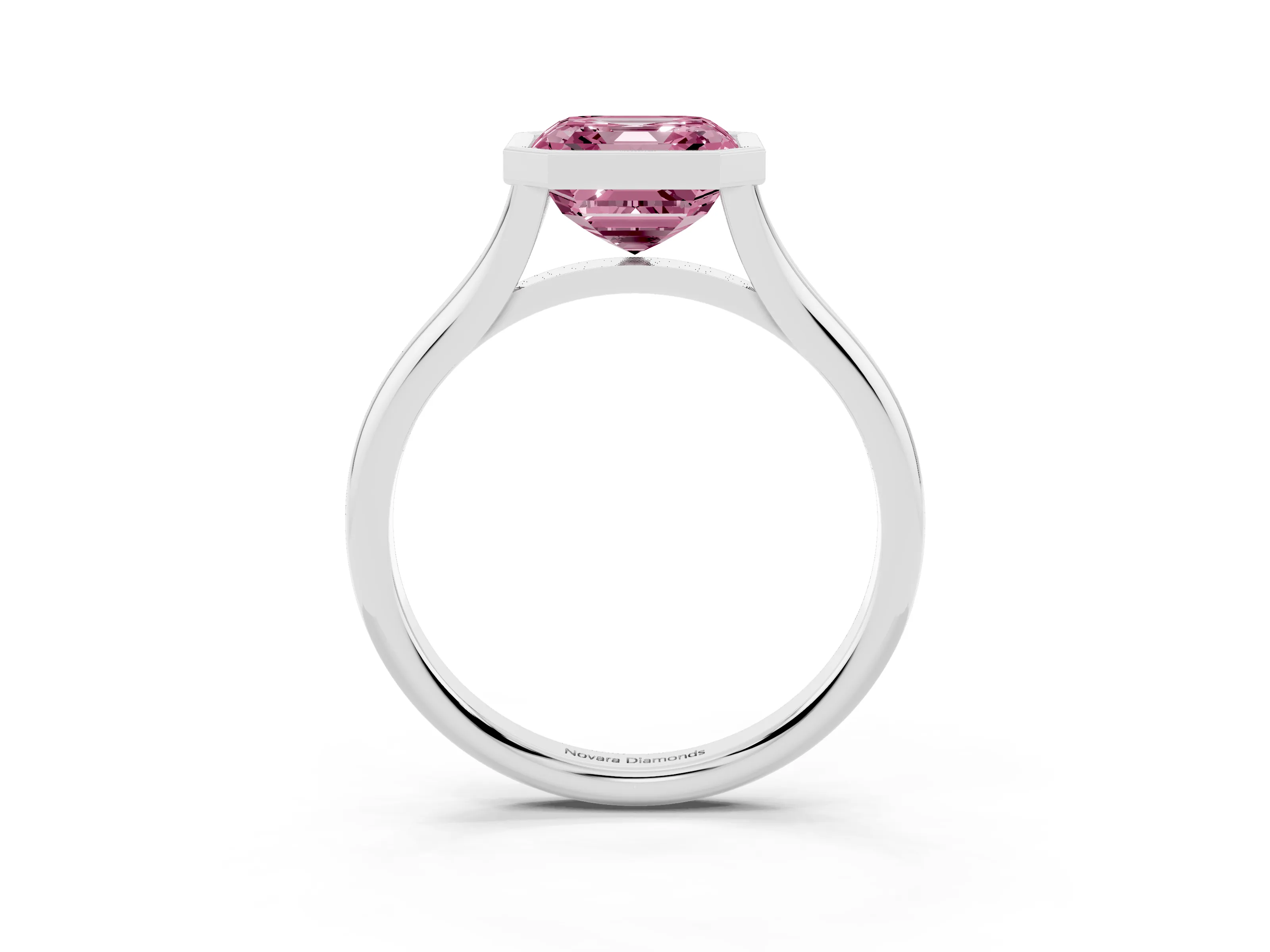 Fancy Pink Bezel Set Asscher Cut Diamond Solitaire Ring Set in Platinum with Tapered Band
