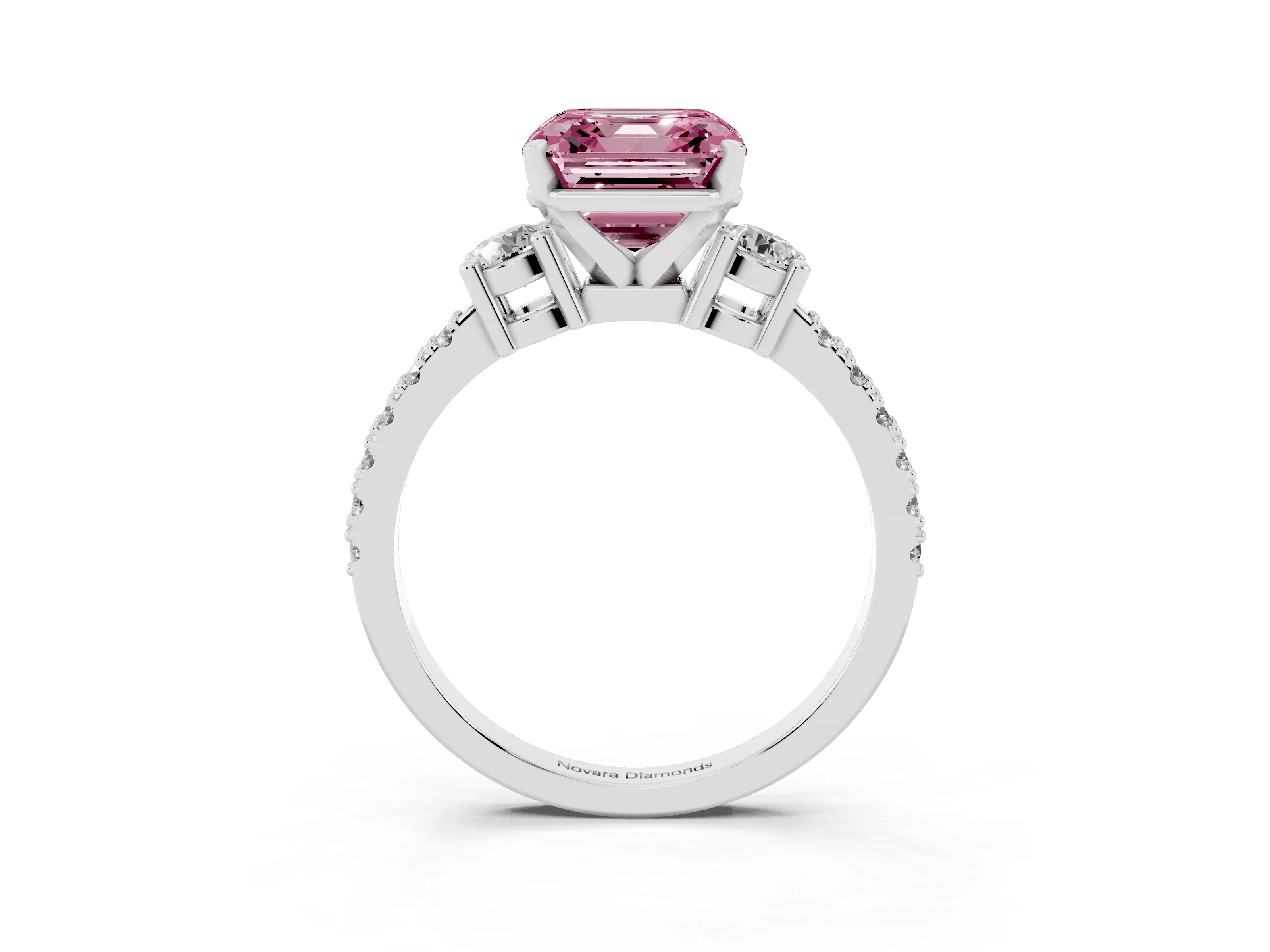 Fancy Pink Three-Stone Asscher Cut Diamond Pavé Band Ring Set in Platinum with Prong Setting