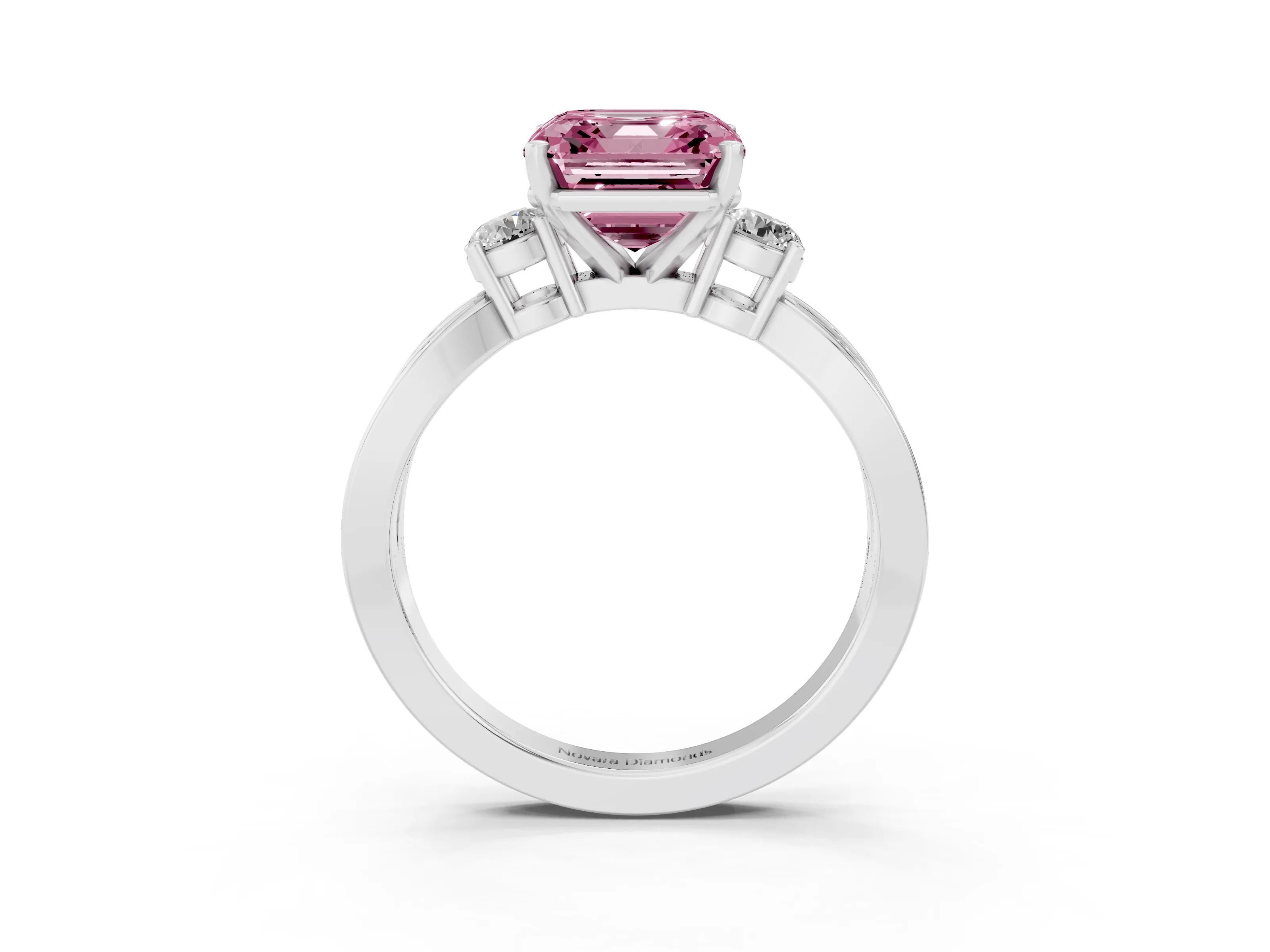 Fancy Pink Three-Stone Asscher Cut Diamond Twist Band Ring Set in Silver with Pavé Accents and Prong Setting