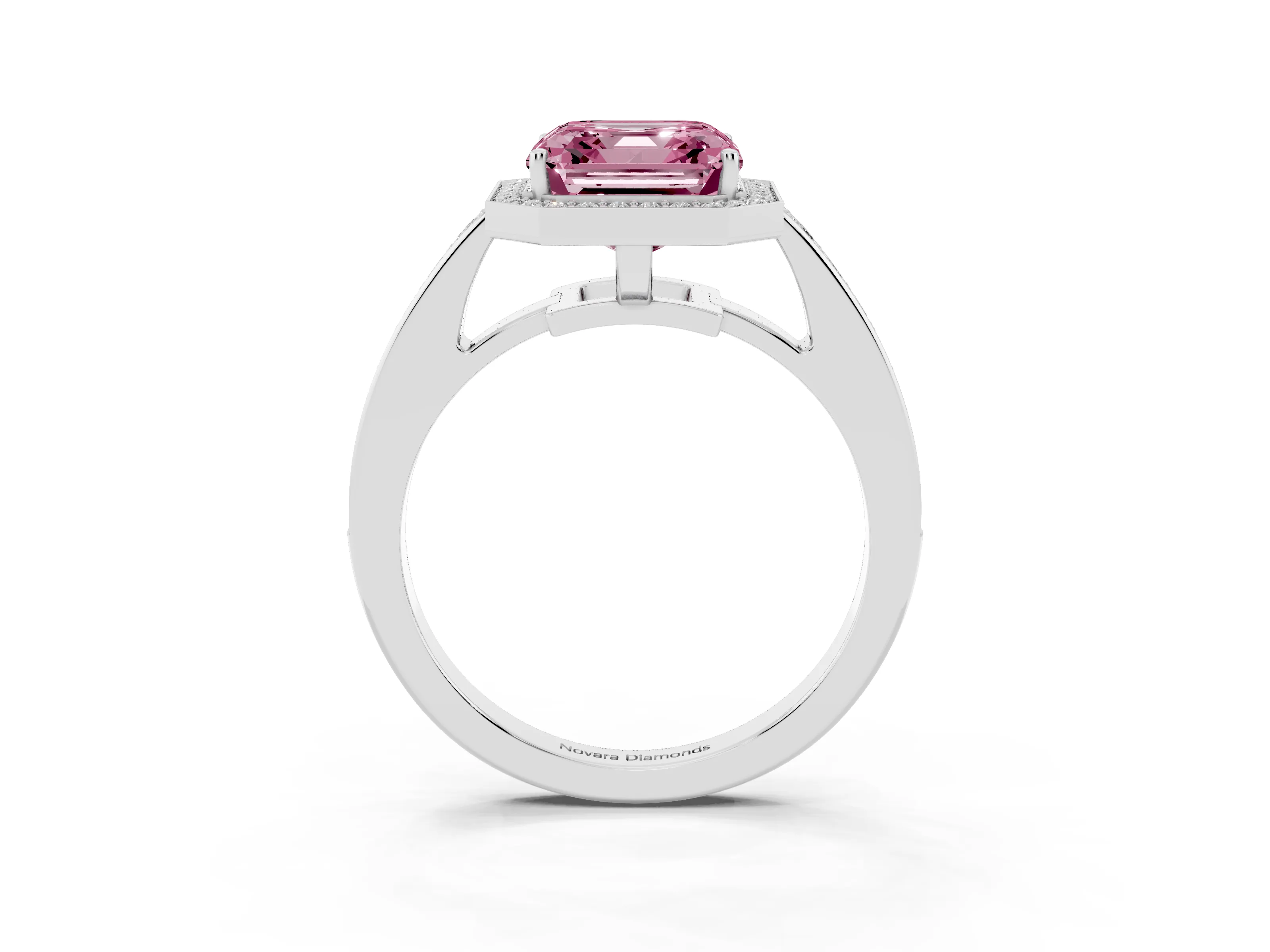 Fancy Pink Asscher Cut Diamond Halo Pavé Engagement Ring Set in Silver with Bezel Setting