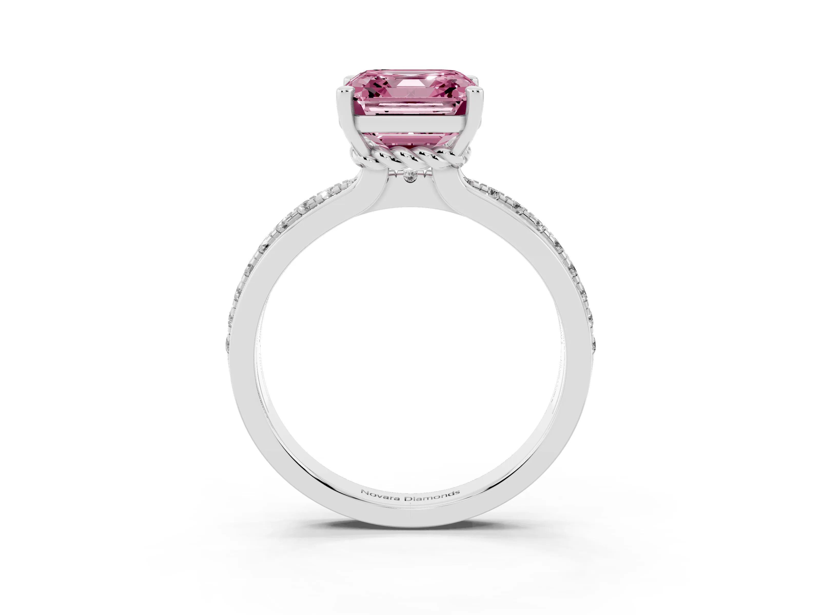 Fancy Pink Asscher Cut Diamond Solitaire Ring Set in White gold with Channel Set Band and Prong Setting