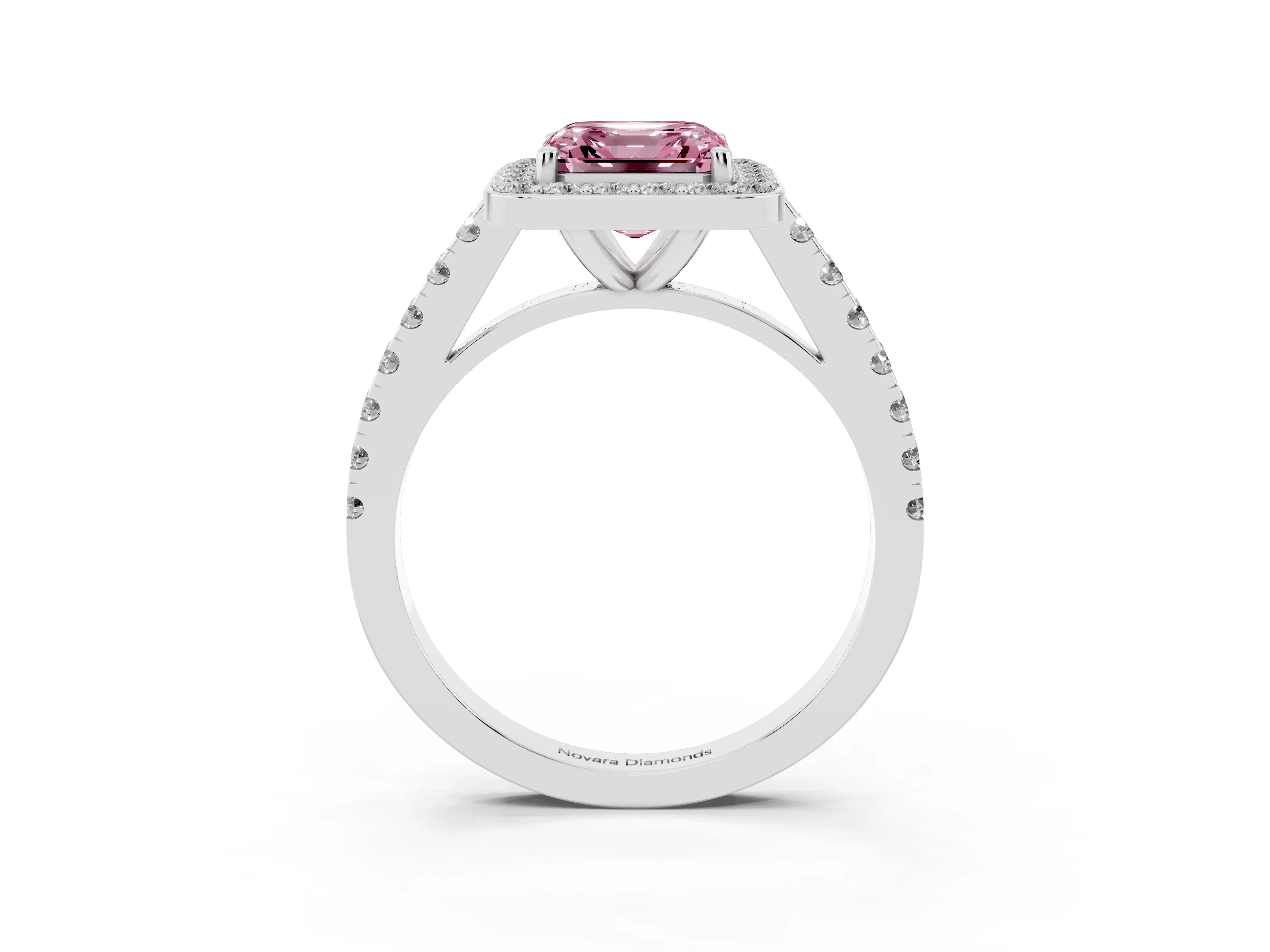 Fancy Pink Asscher Cut Diamond Halo Ring Set in Platinum with Round Pavé Split Shank and Prong Setting