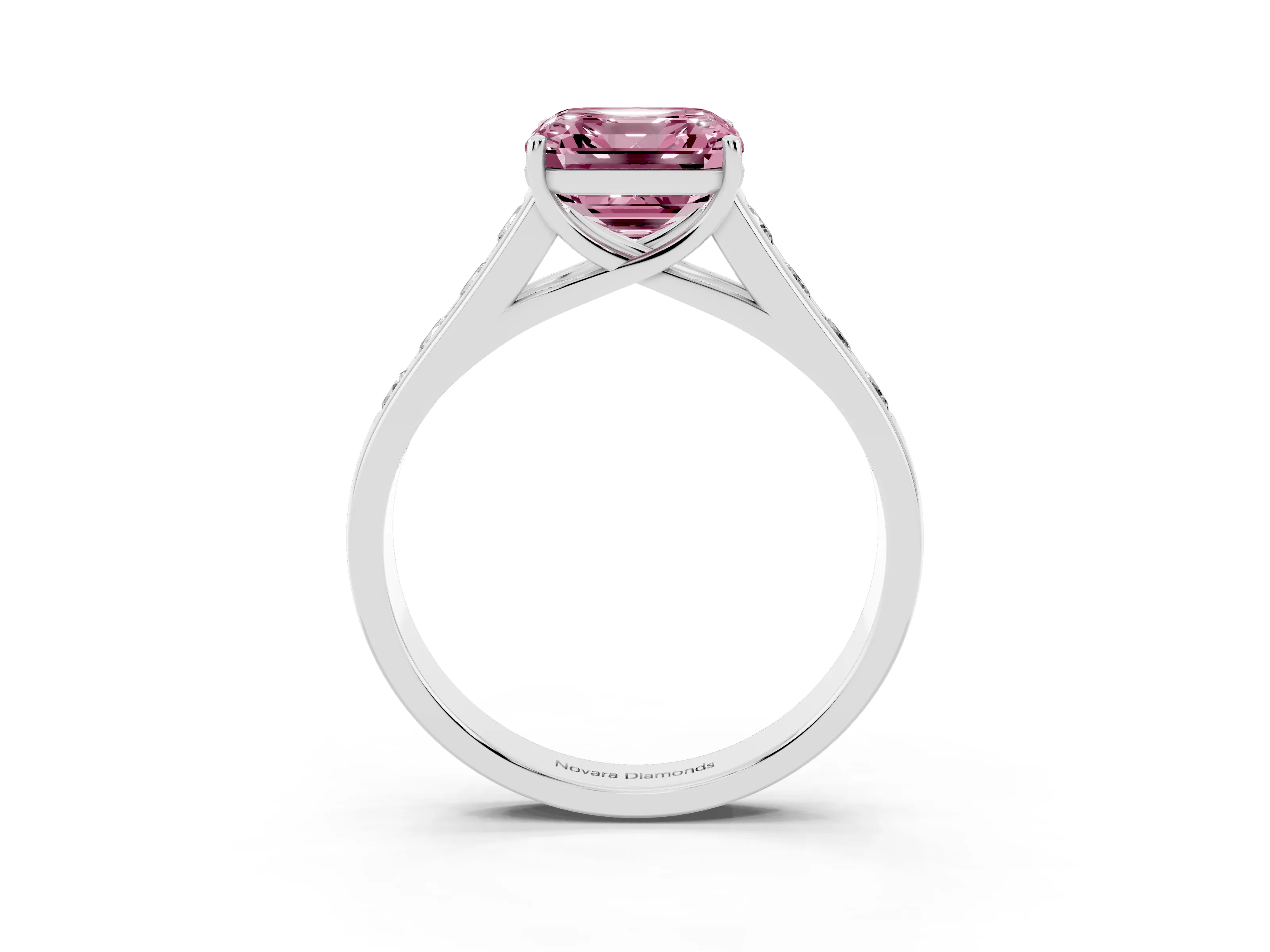 Fancy Pink Asscher Cut Diamond Brilliant Channel-Set Solitaire Ring Set in White gold with Prong Setting