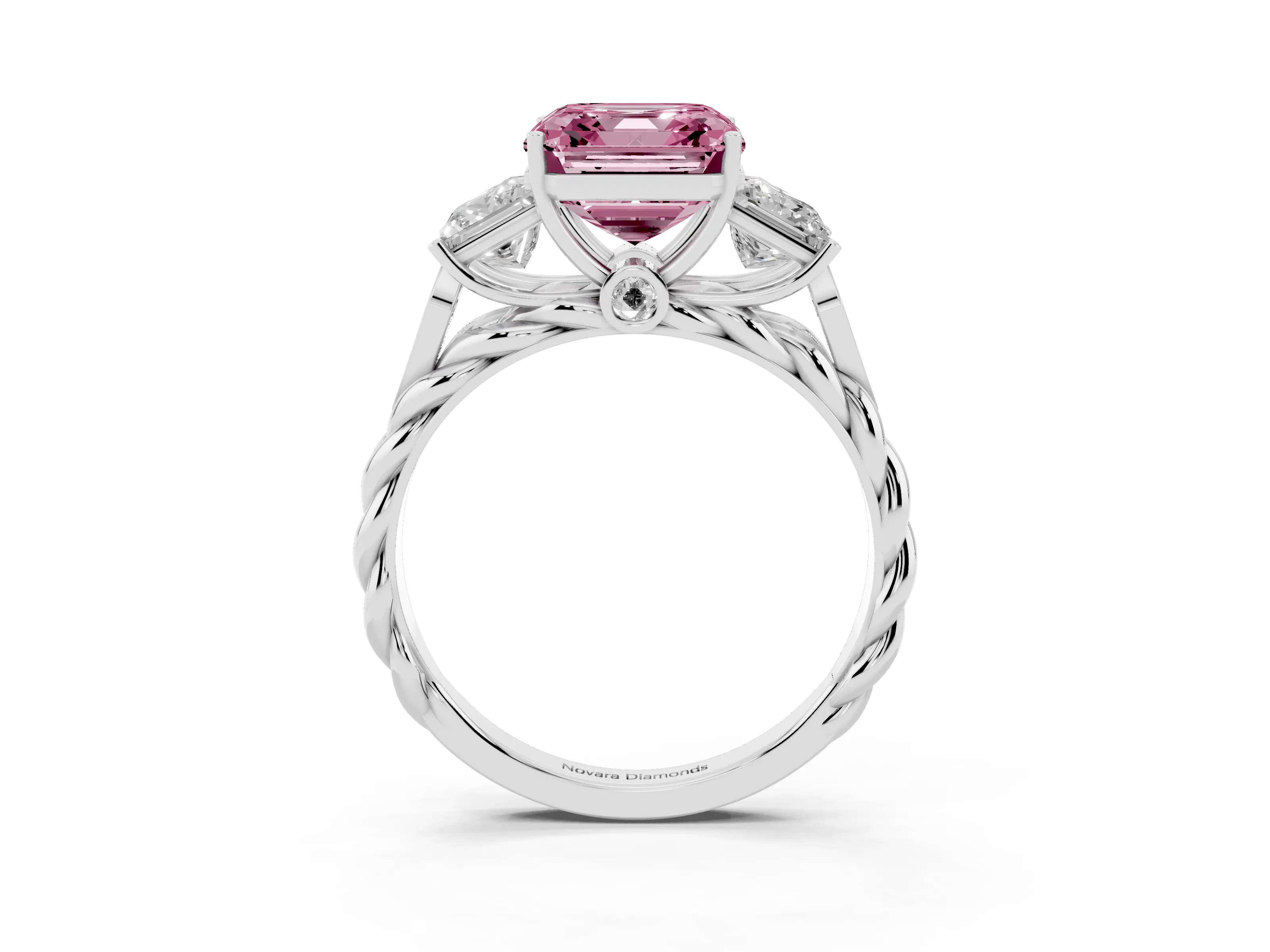 Fancy Pink Asscher Cut Diamond Three-Stone Ring Set in White gold with Braided Band