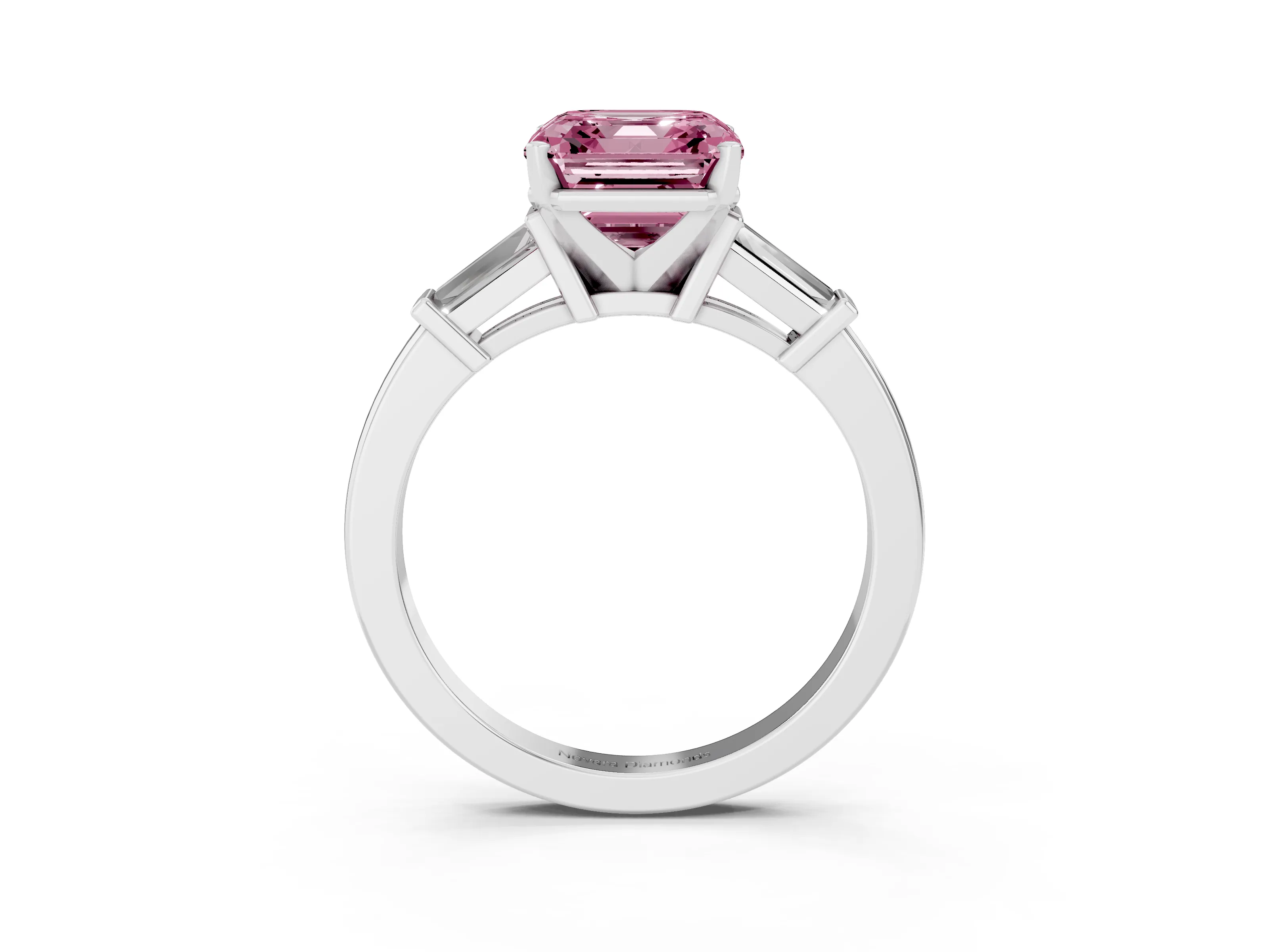 Fancy Pink Asscher Cut Diamond Solitaire Ring Set in White gold with Tapered Baguette Accents and Prong Setting