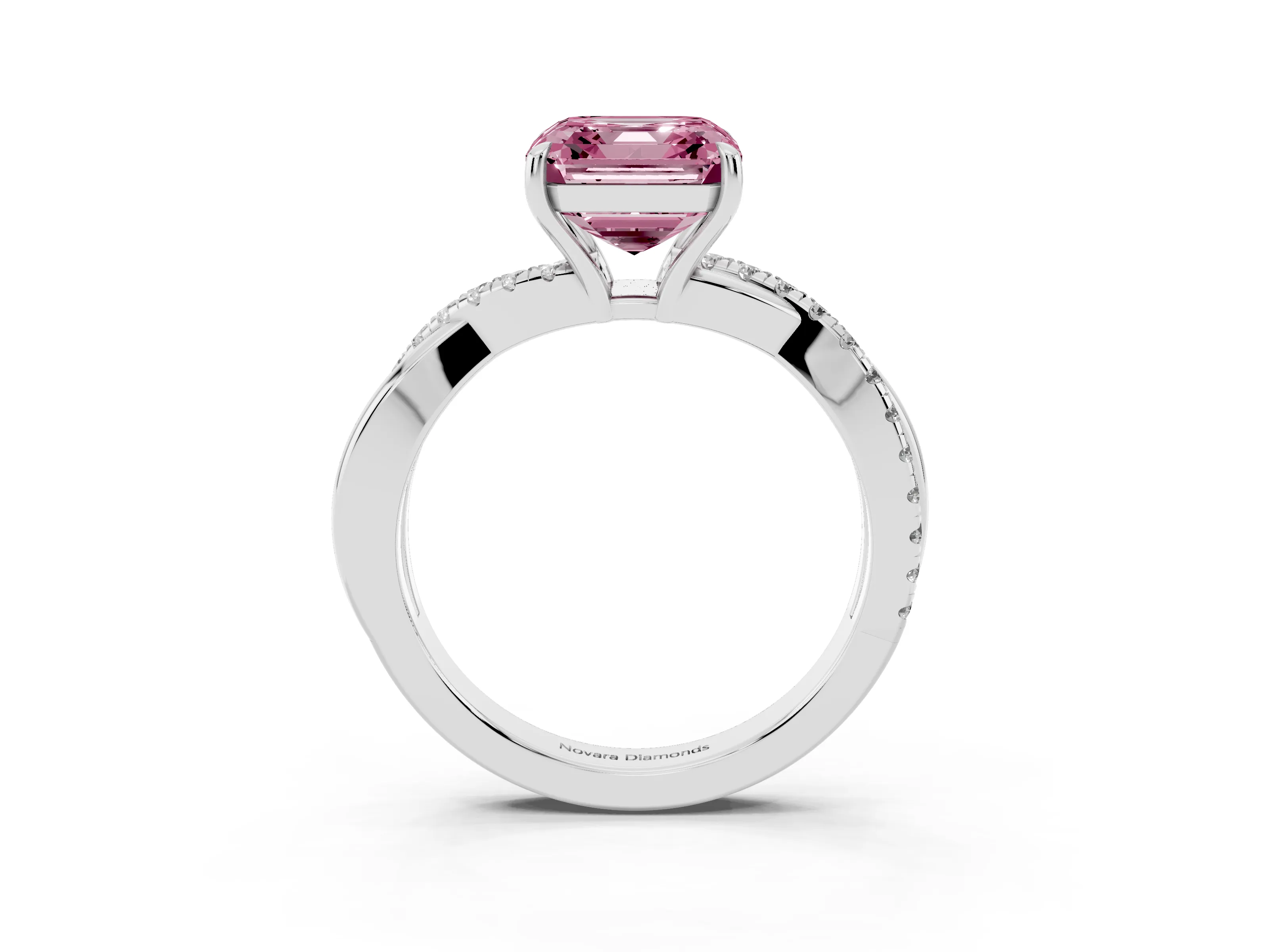 Fancy Pink Asscher Cut Diamond Twisted Pavé Band Ring Set in White gold with Prong Setting