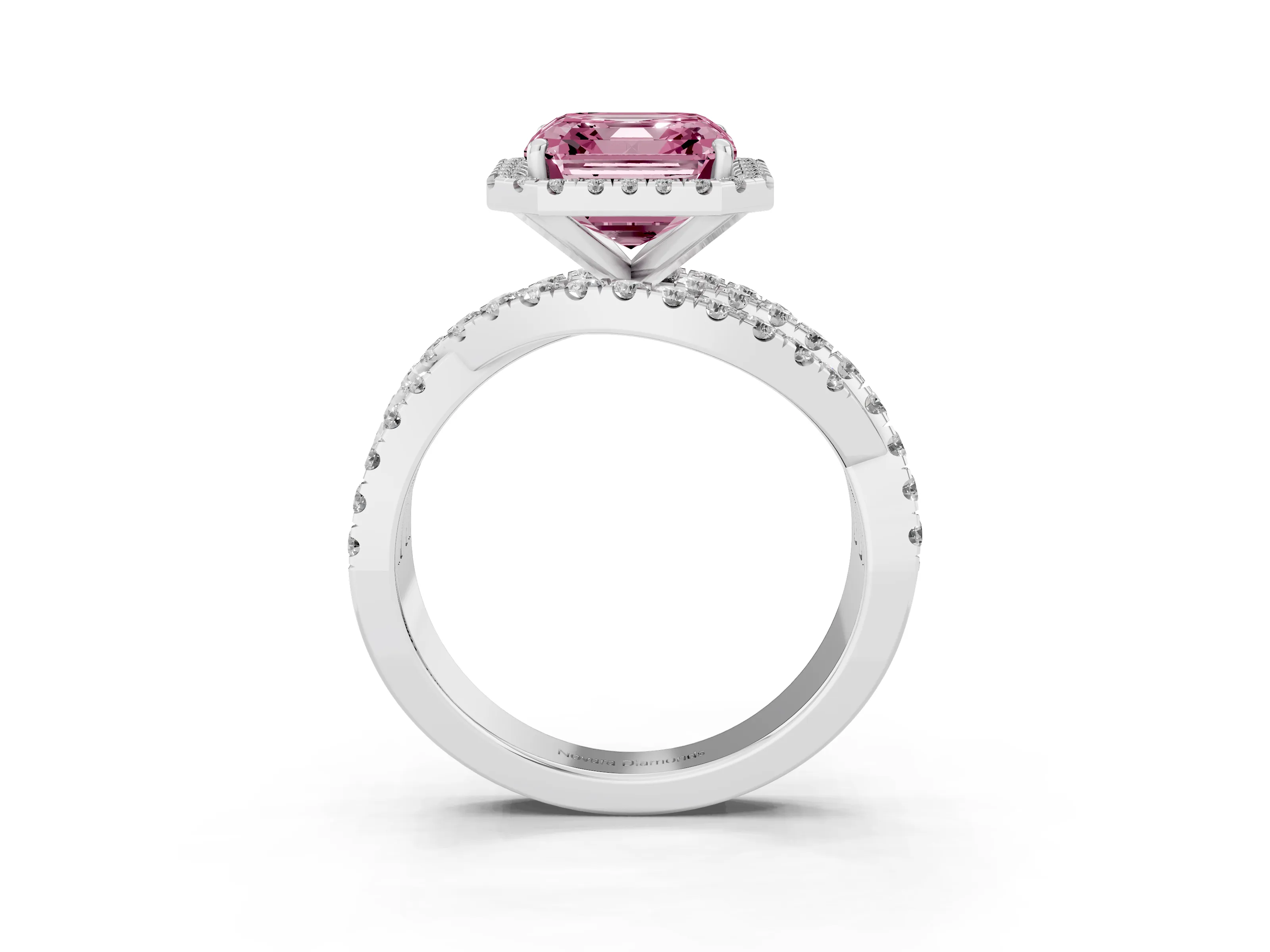 Fancy Pink Asscher Cut Diamond Halo Ring Set in Platinum with Round Crossover Split Shank and Prong Setting