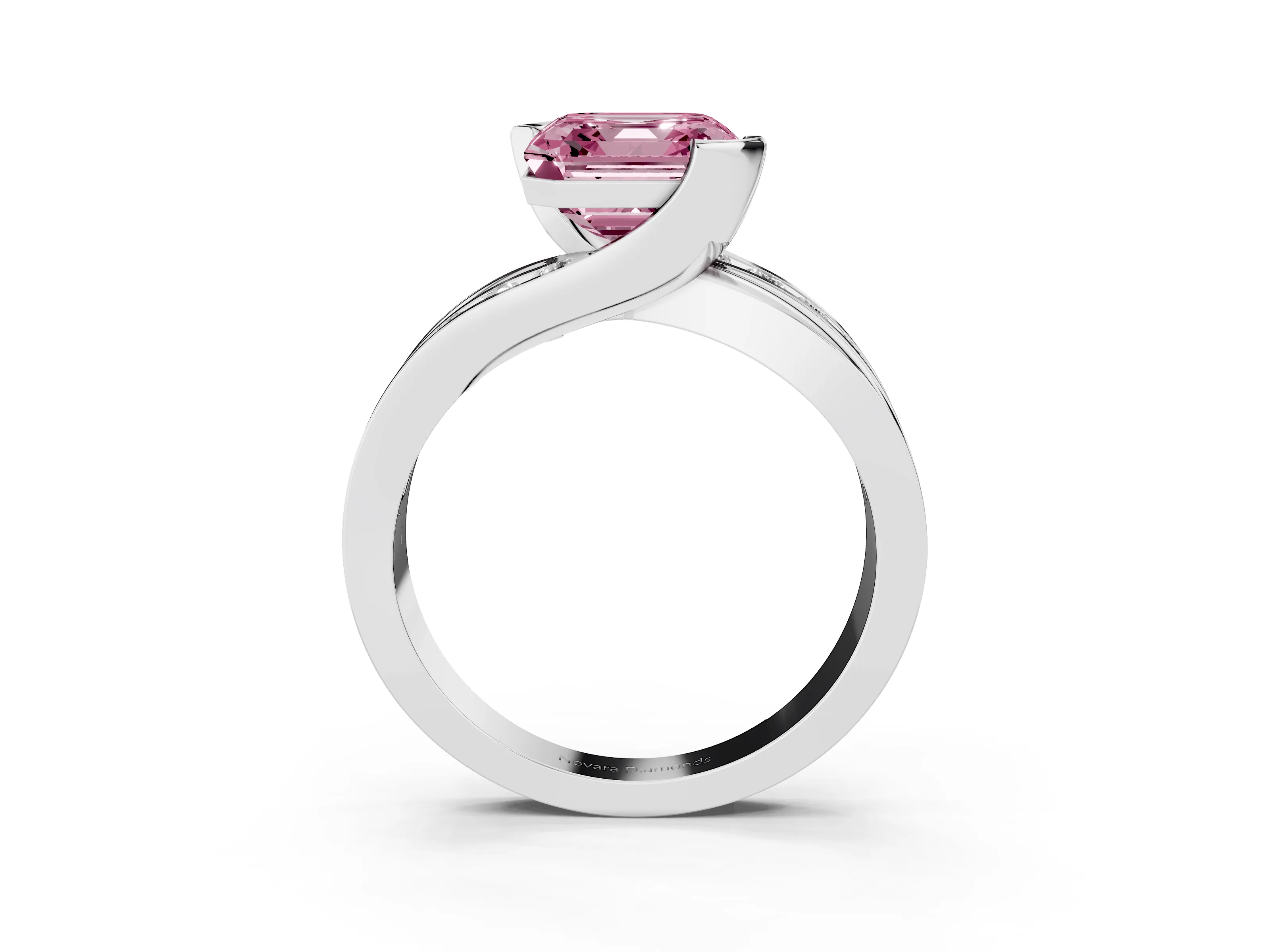 Fancy Pink Asscher Cut Diamond Solitaire Ring Set in Silver with Channel Set Split Shank and Tension Prongs