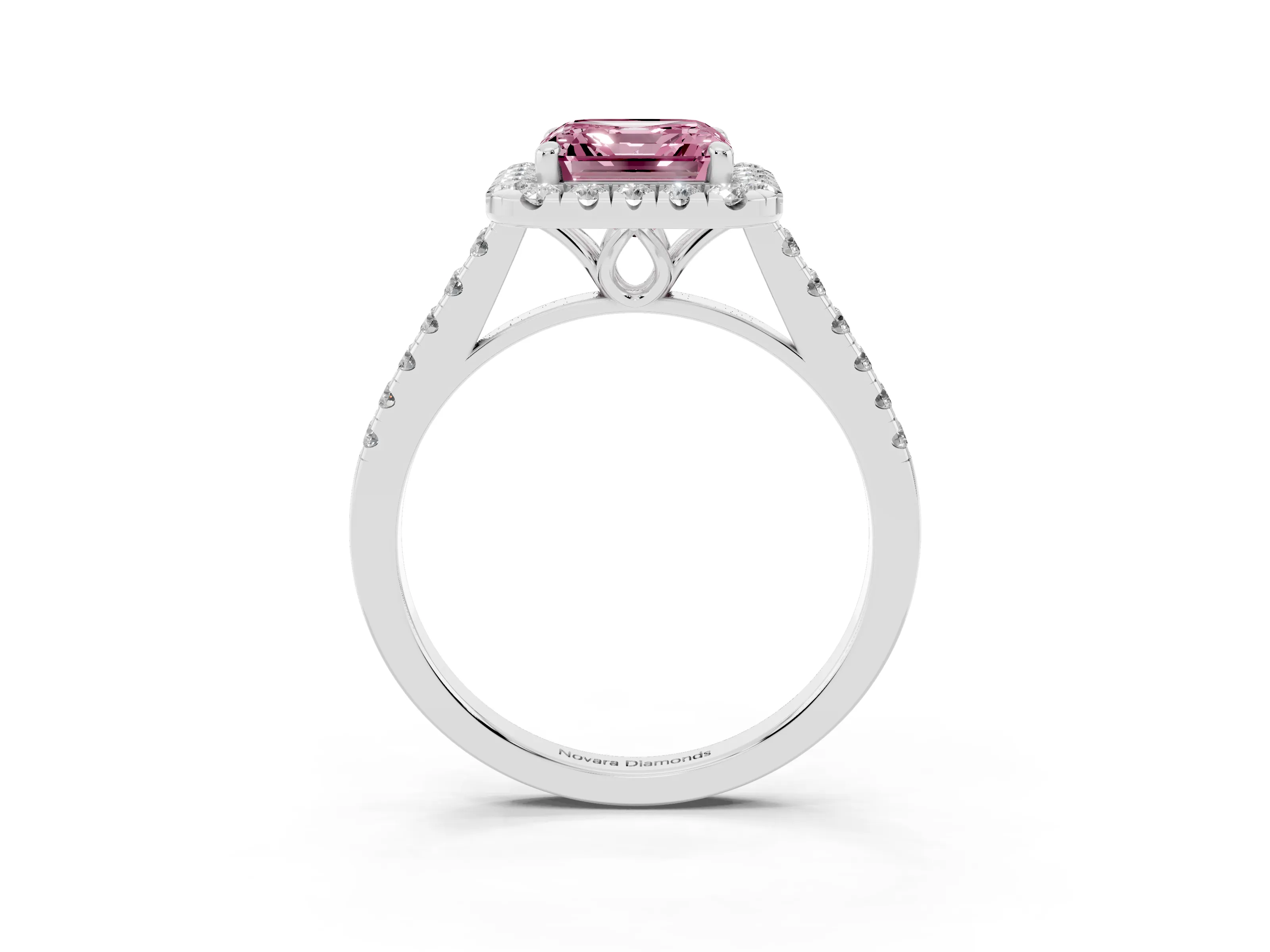 Fancy Pink Asscher Cut Diamond Pavé Halo Engagement Ring Set in White gold with Pavé Band and Prong Setting