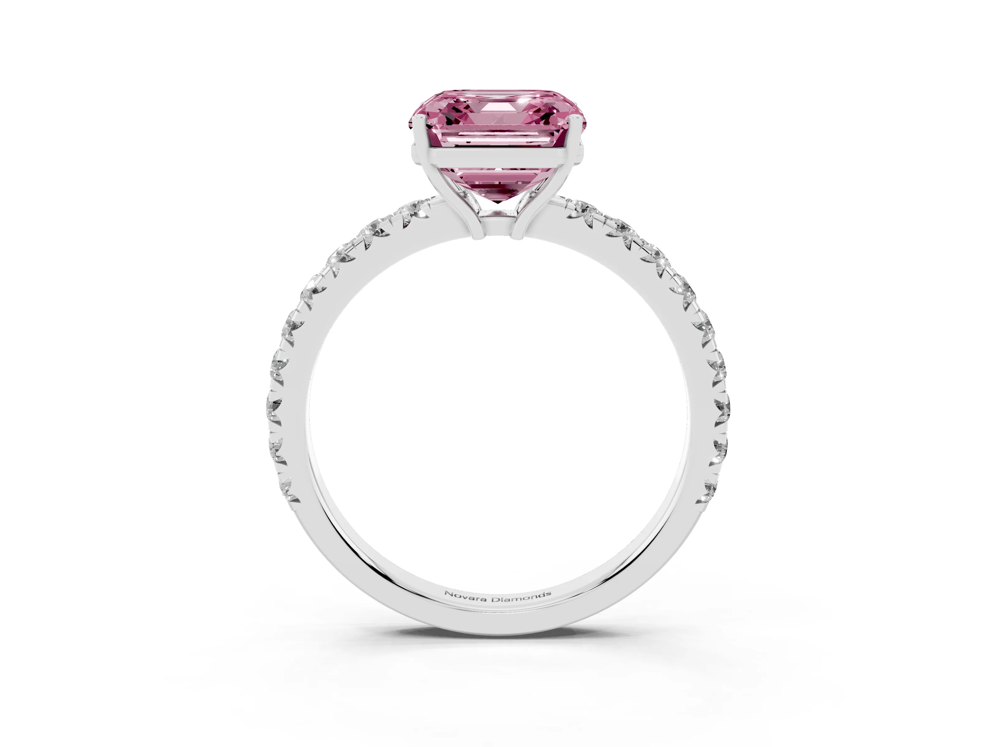 Fancy Pink Asscher Cut Diamond Pavé Solitaire Engagement Ring Set in Platinum with Prong Setting