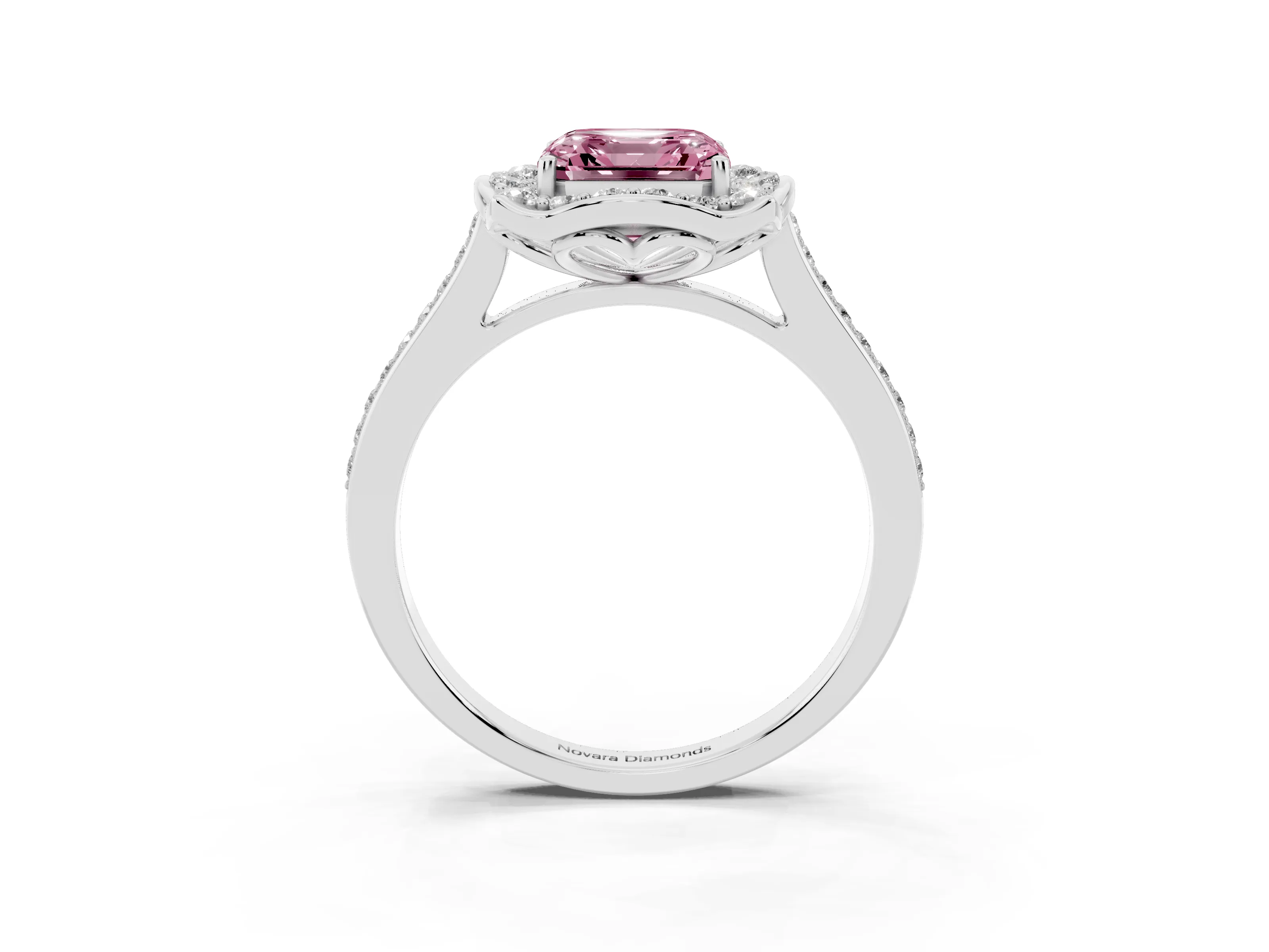 Fancy Pink Asscher Cut Diamond Halo Ring Set in Silver with Pavé-Lined Shoulders and Prong Setting