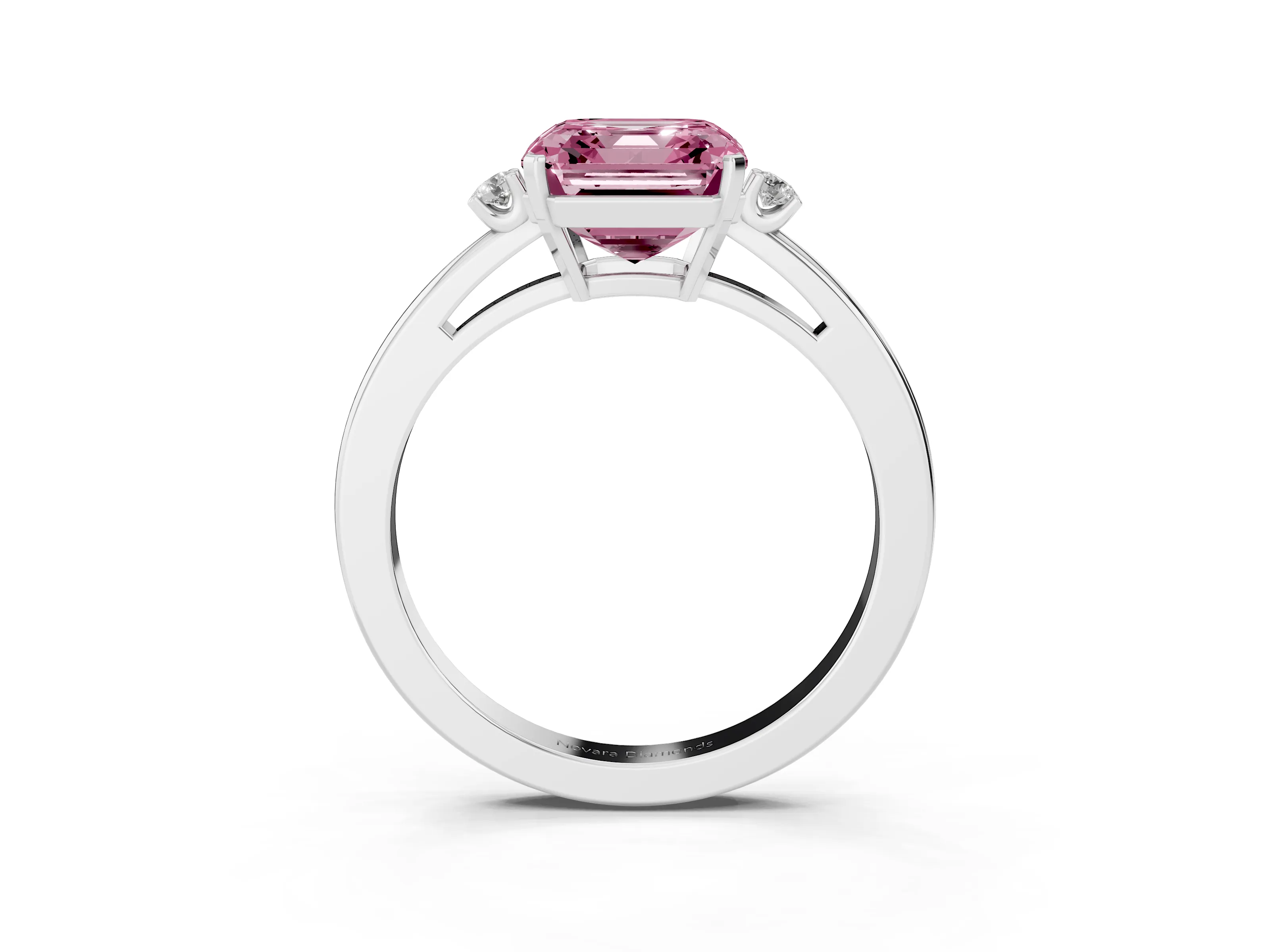 Fancy Pink Three-Stone Asscher Cut Diamond Solitaire Ring Set in Silver with Round Accent Stones and Prong Setting