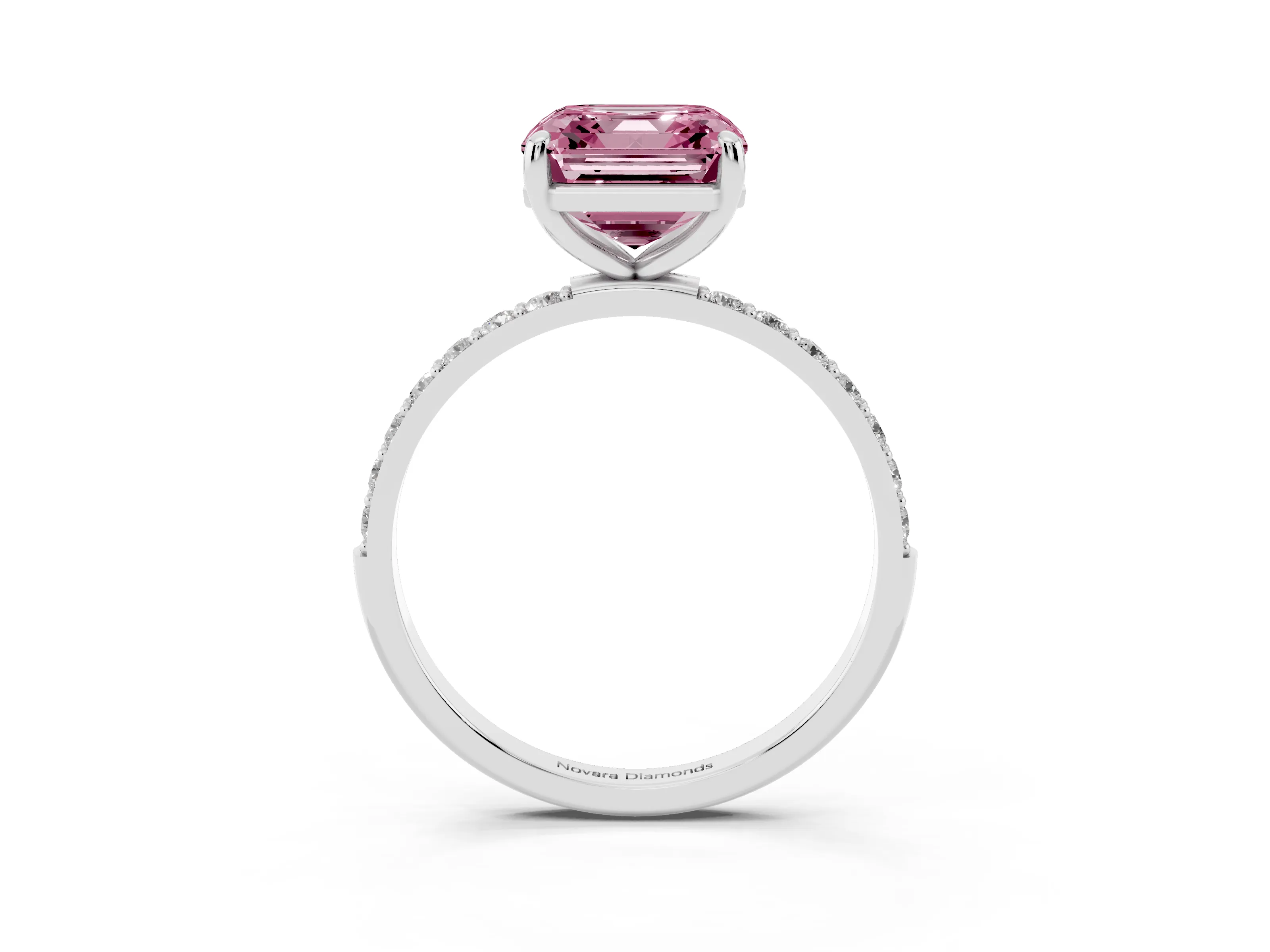 Fancy Pink Asscher Cut Diamond Solitaire Ring Set in Silver with Round Pavé Band and Prong Setting