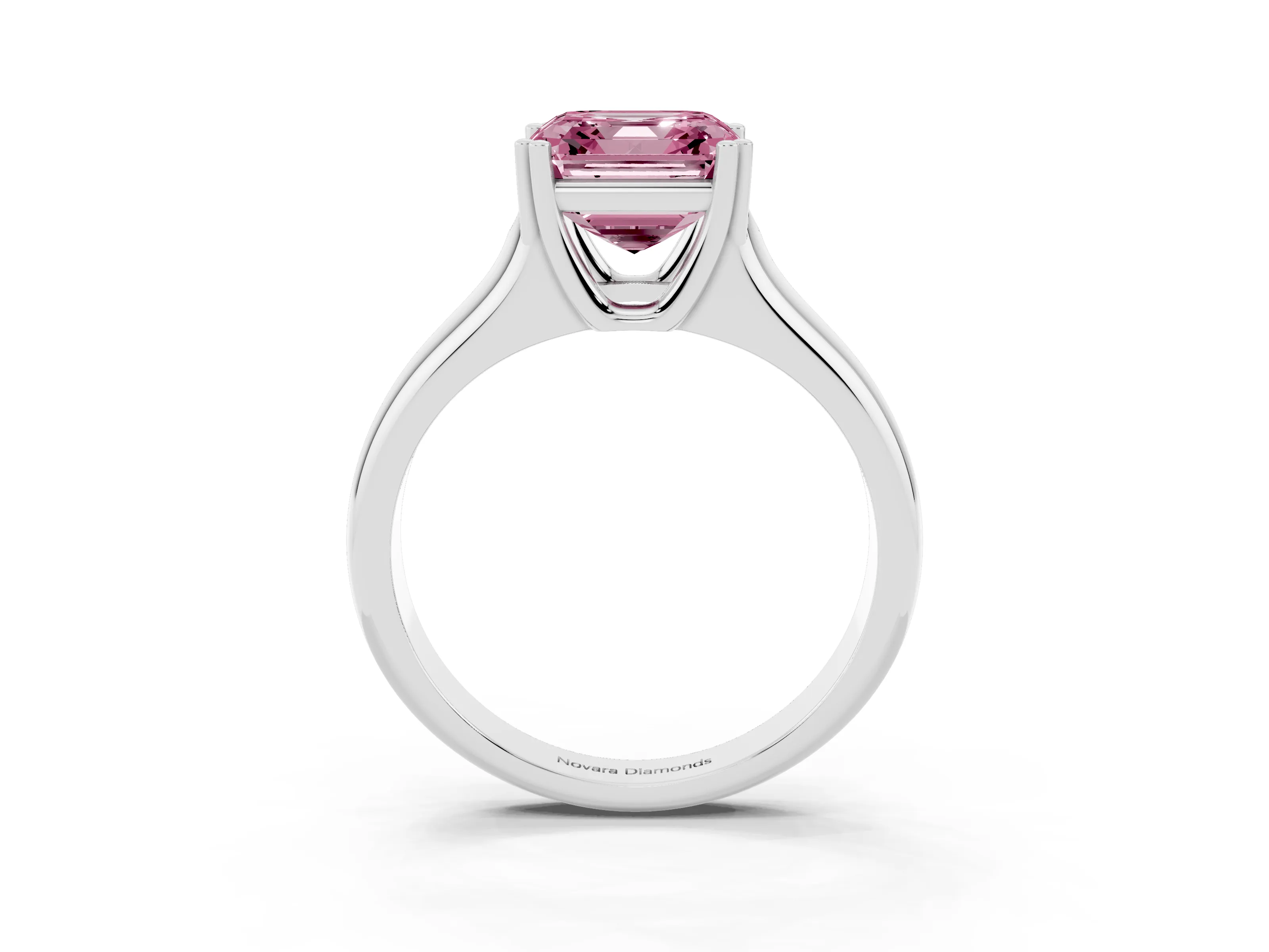 Fancy Pink Asscher Cut Diamond Solitaire Ring Set in Platinum with Wide Band and Prong Setting