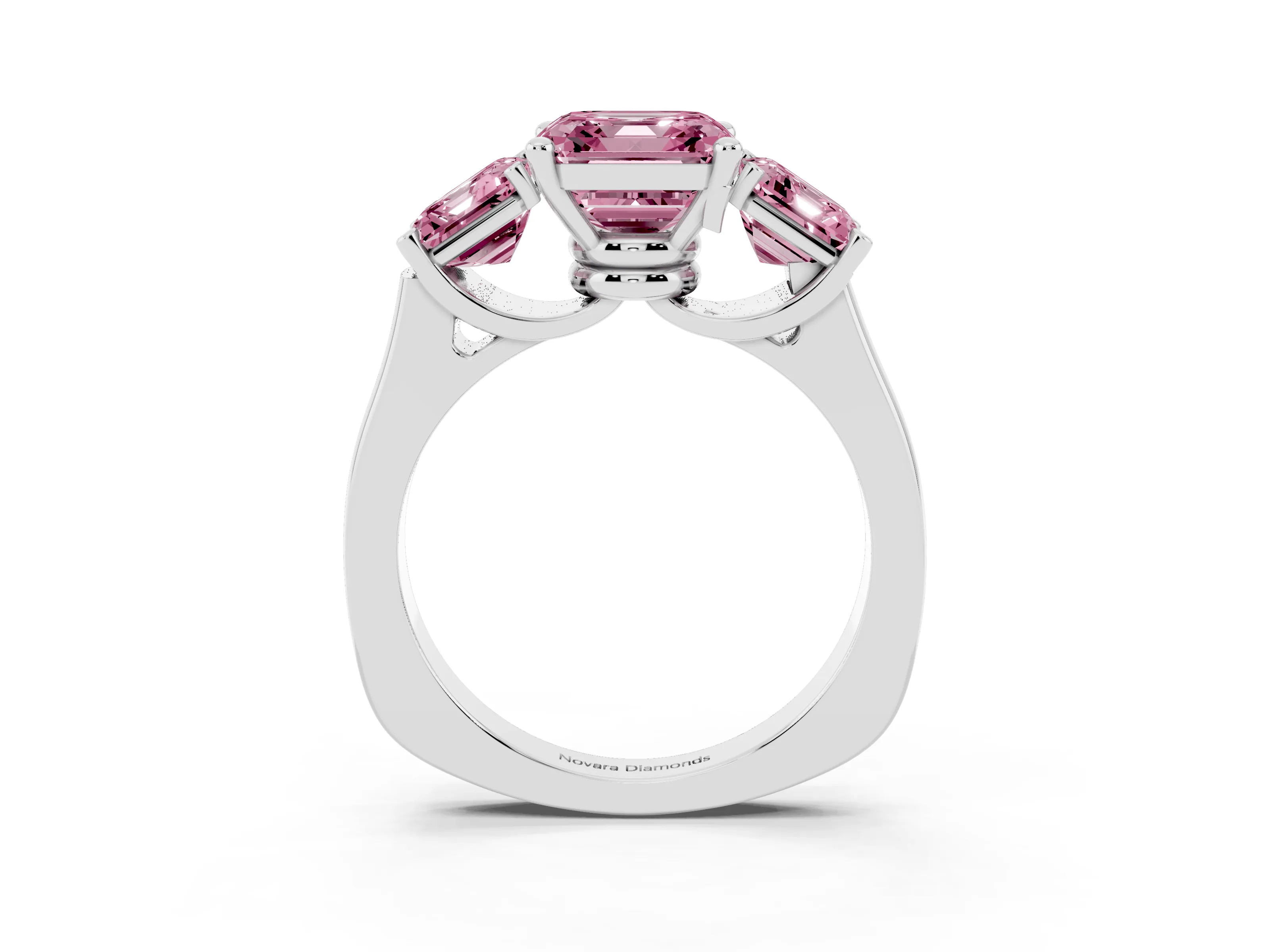 Fancy Pink Asscher Cut Diamond Three-Stone Trellis Ring Set in Silver with Comfort Fit Band