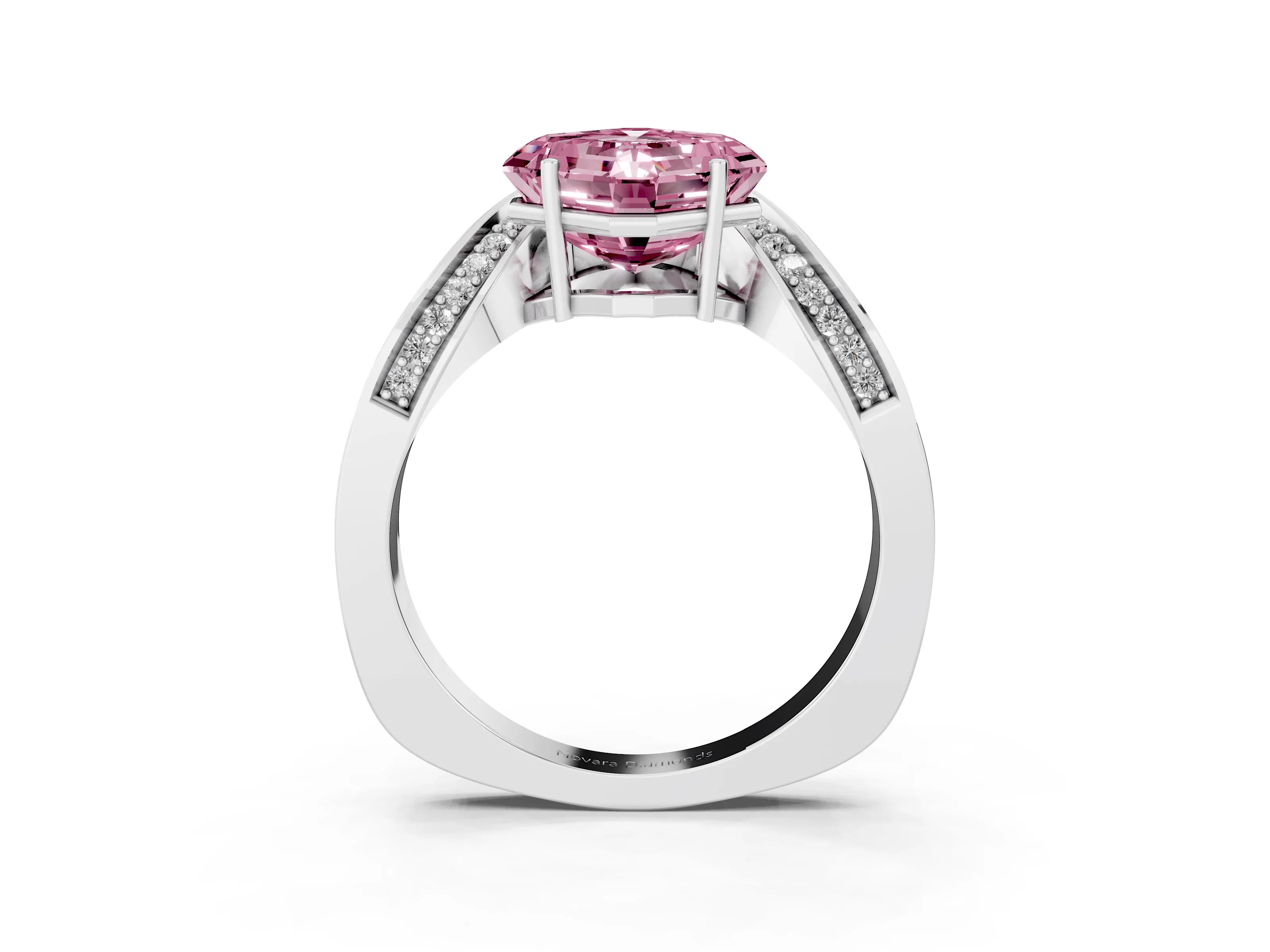 Fancy Pink Asscher Cut Diamond Solitaire Engagement Ring Set in Silver with Pavé Shoulders