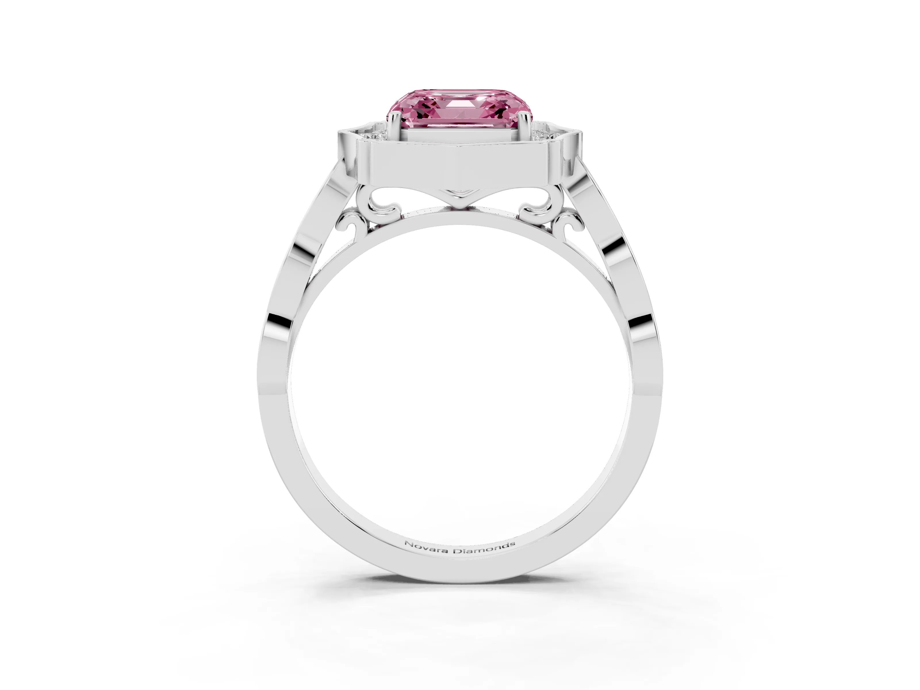 Fancy Pink Asscher Cut Diamond Halo Engagement Ring Set in Platinum with Milgrain Band and Prong Setting