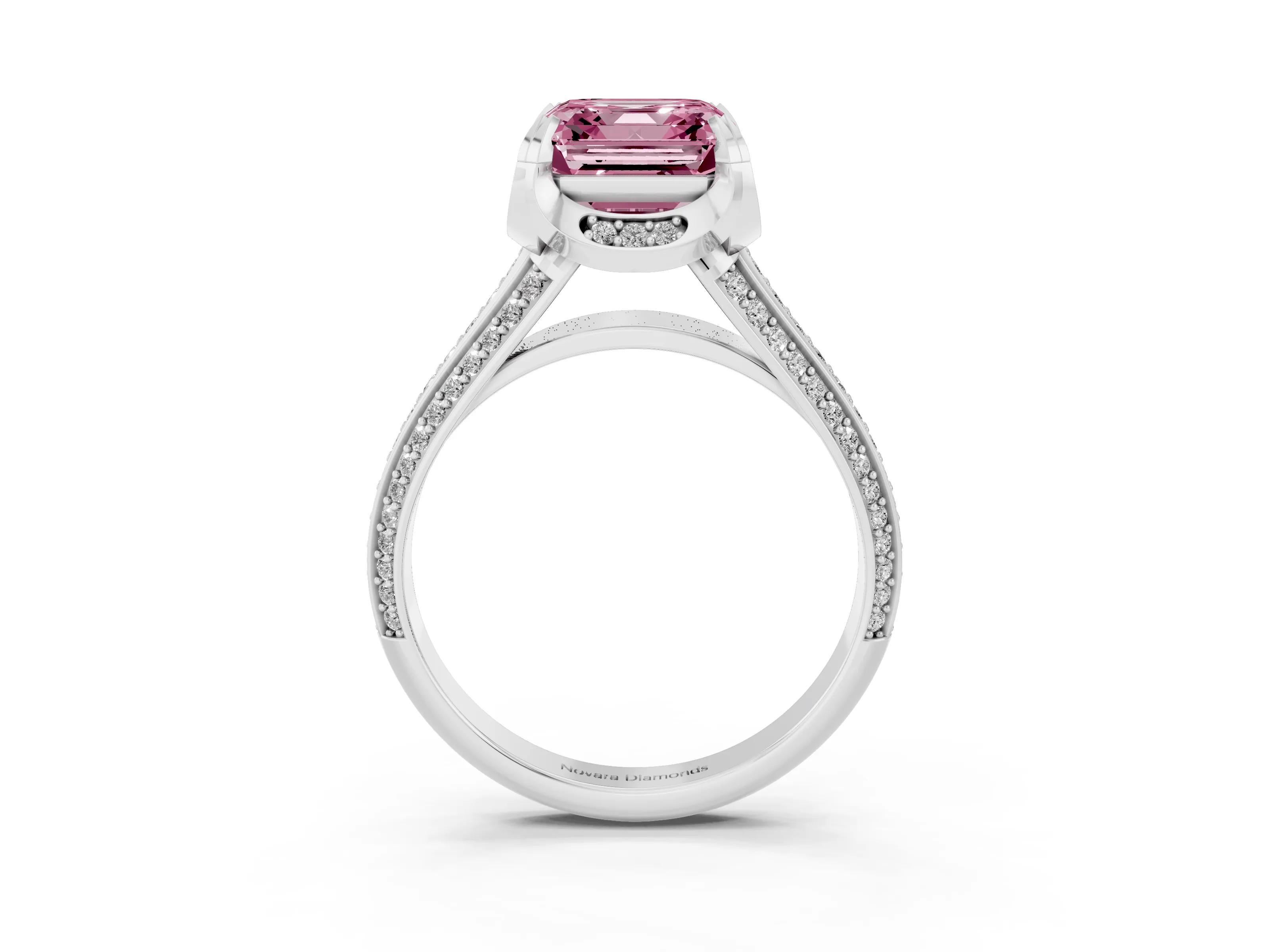 Fancy Pink Asscher Cut Diamond Pavé Split Shank Solitaire Ring Set in Platinum with Prong Setting