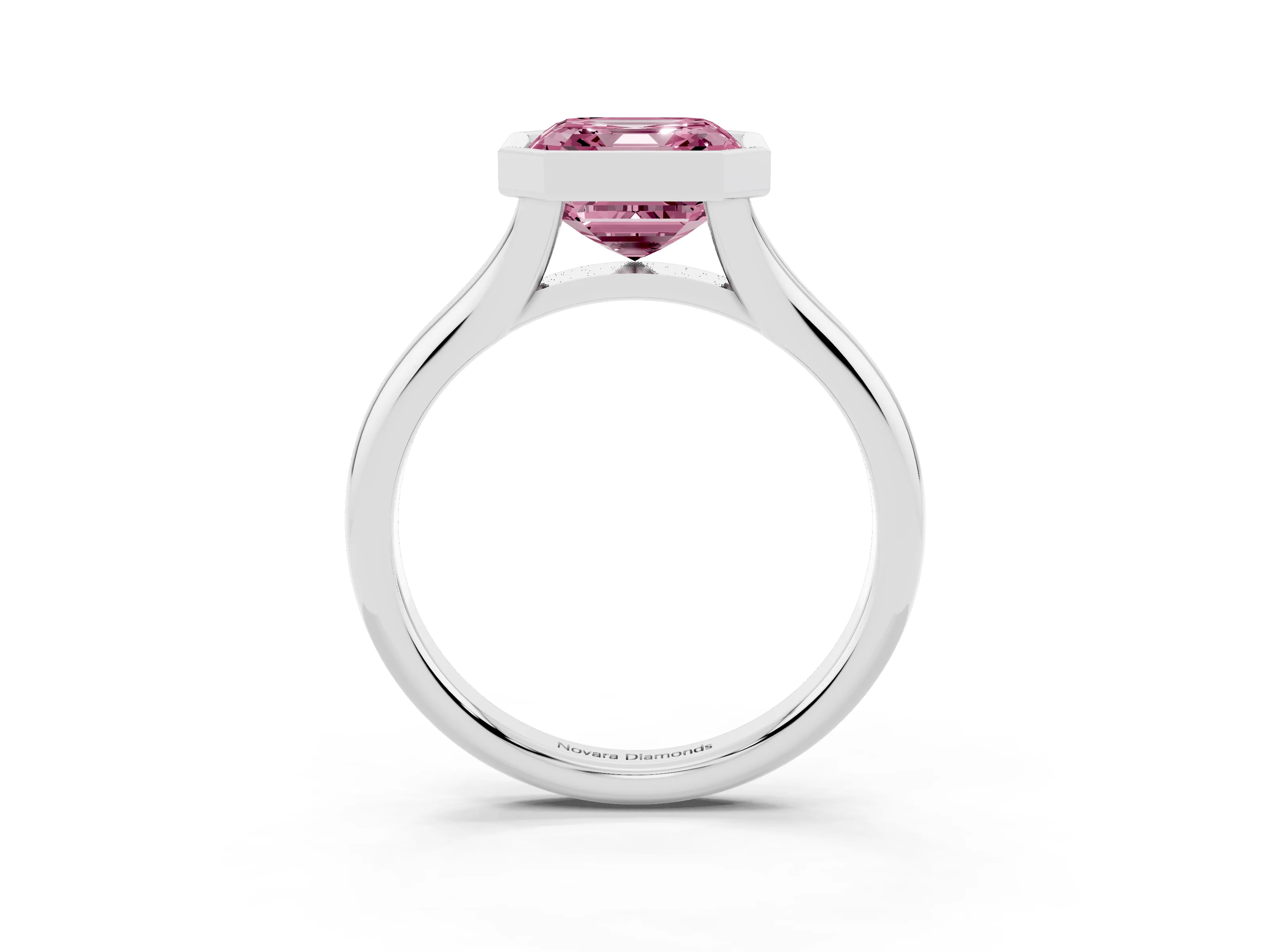 Fancy Pink Bezel Set Asscher Cut Diamond Solitaire Ring Set in Silver with Smooth Band