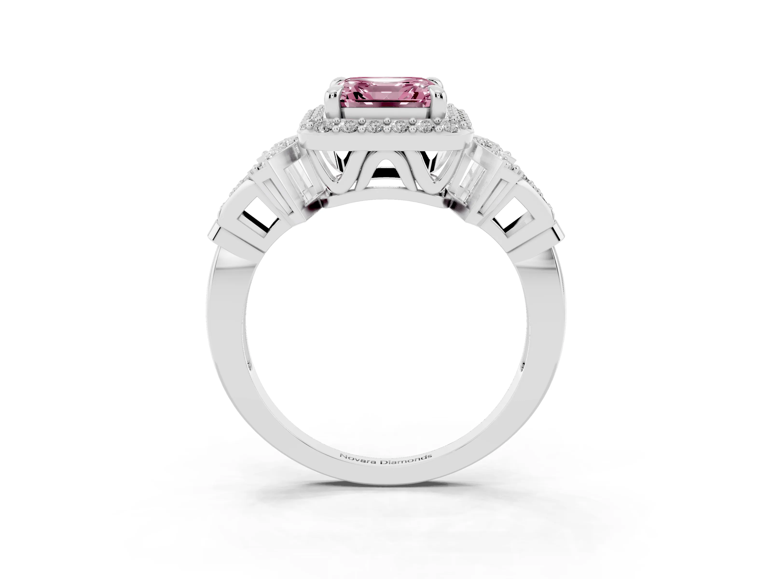 Fancy Pink Asscher Cut Diamond Halo Engagement Ring Set in Platinum with Accent Stone Split Shank