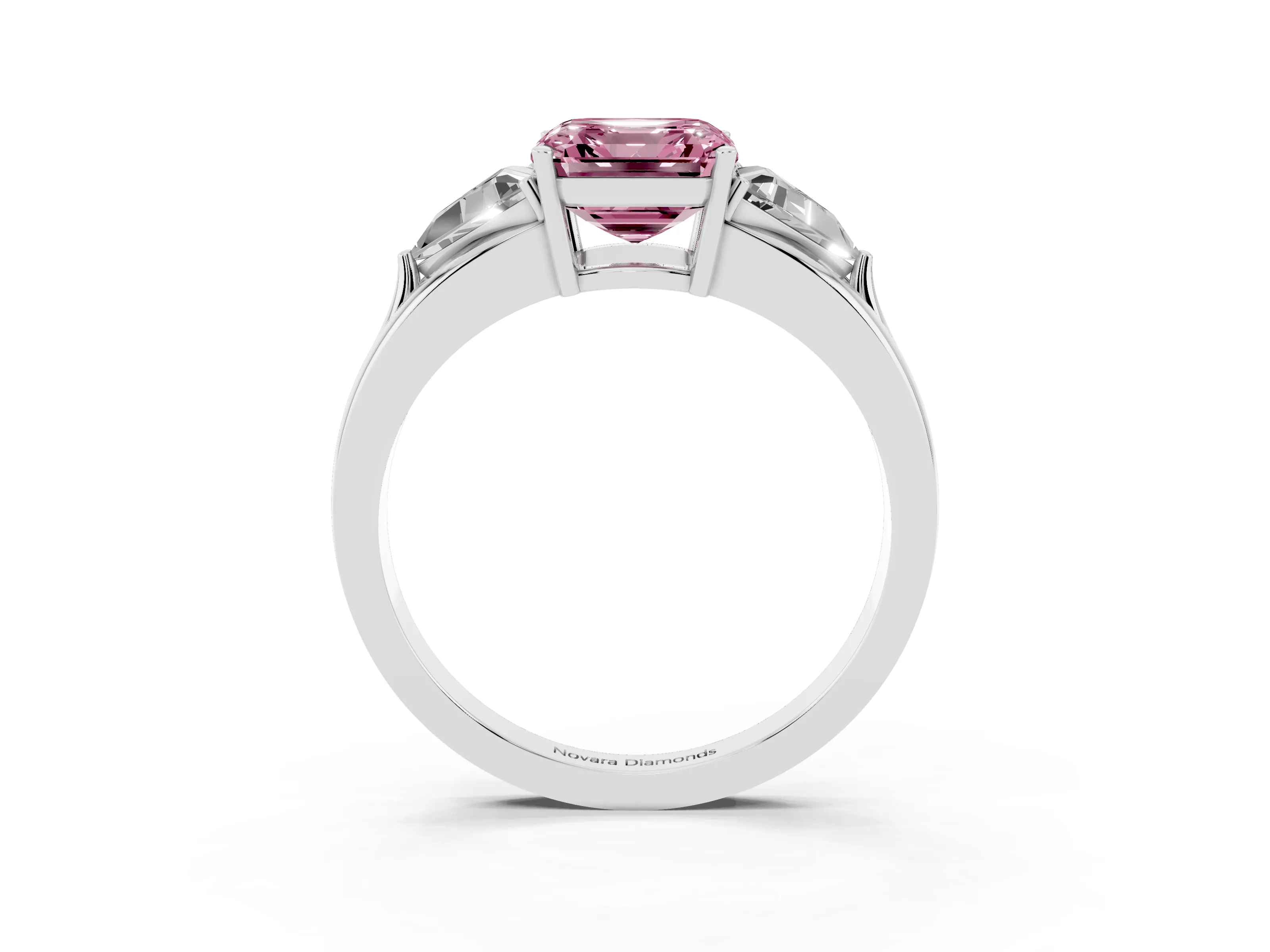 Fancy Pink Asscher Cut Diamond Three-Stone Ring Set in White gold with Trillion Side Stones and Split Shank