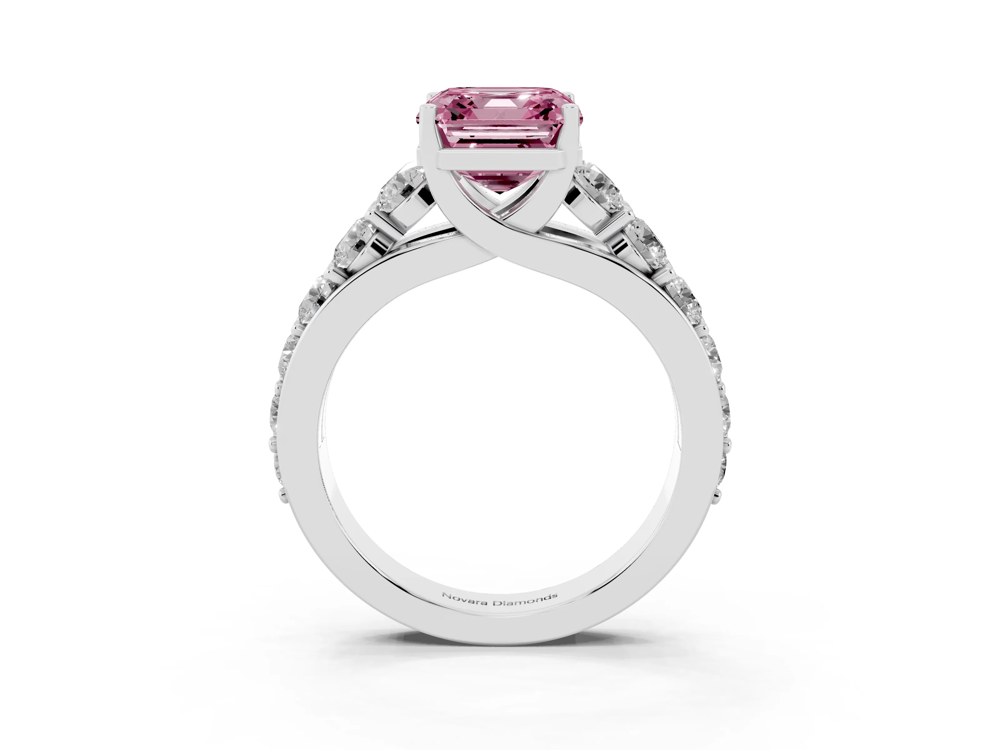 Fancy Pink Asscher Cut Diamond Pavé Engagement Ring Set in Platinum with Prong Setting