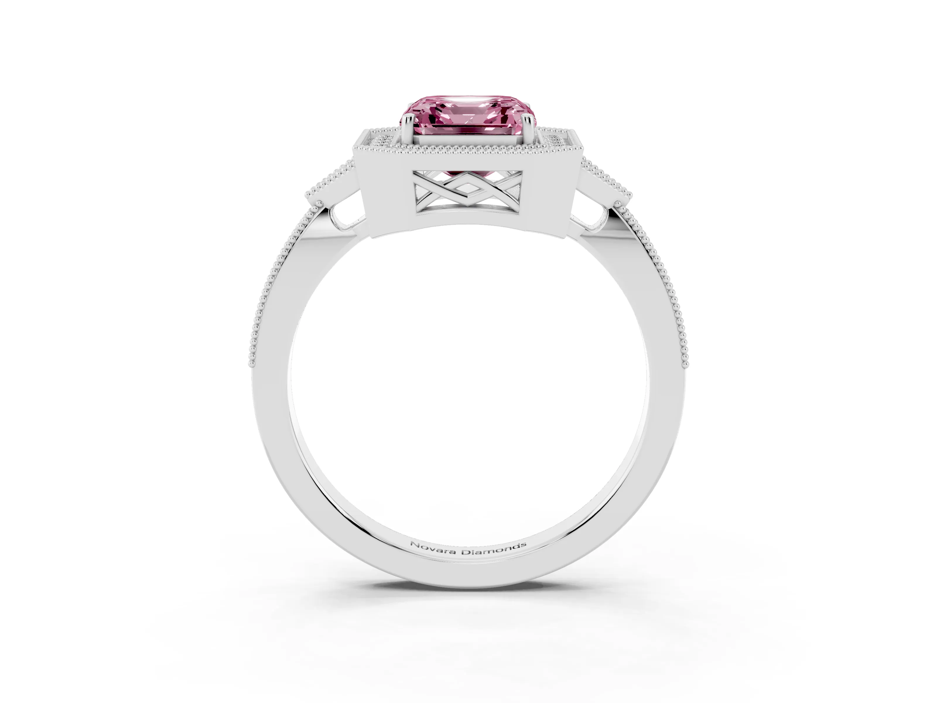 Fancy Pink Asscher Cut Diamond Halo Engagement Ring Set in White gold with Milgrain Pavé Band