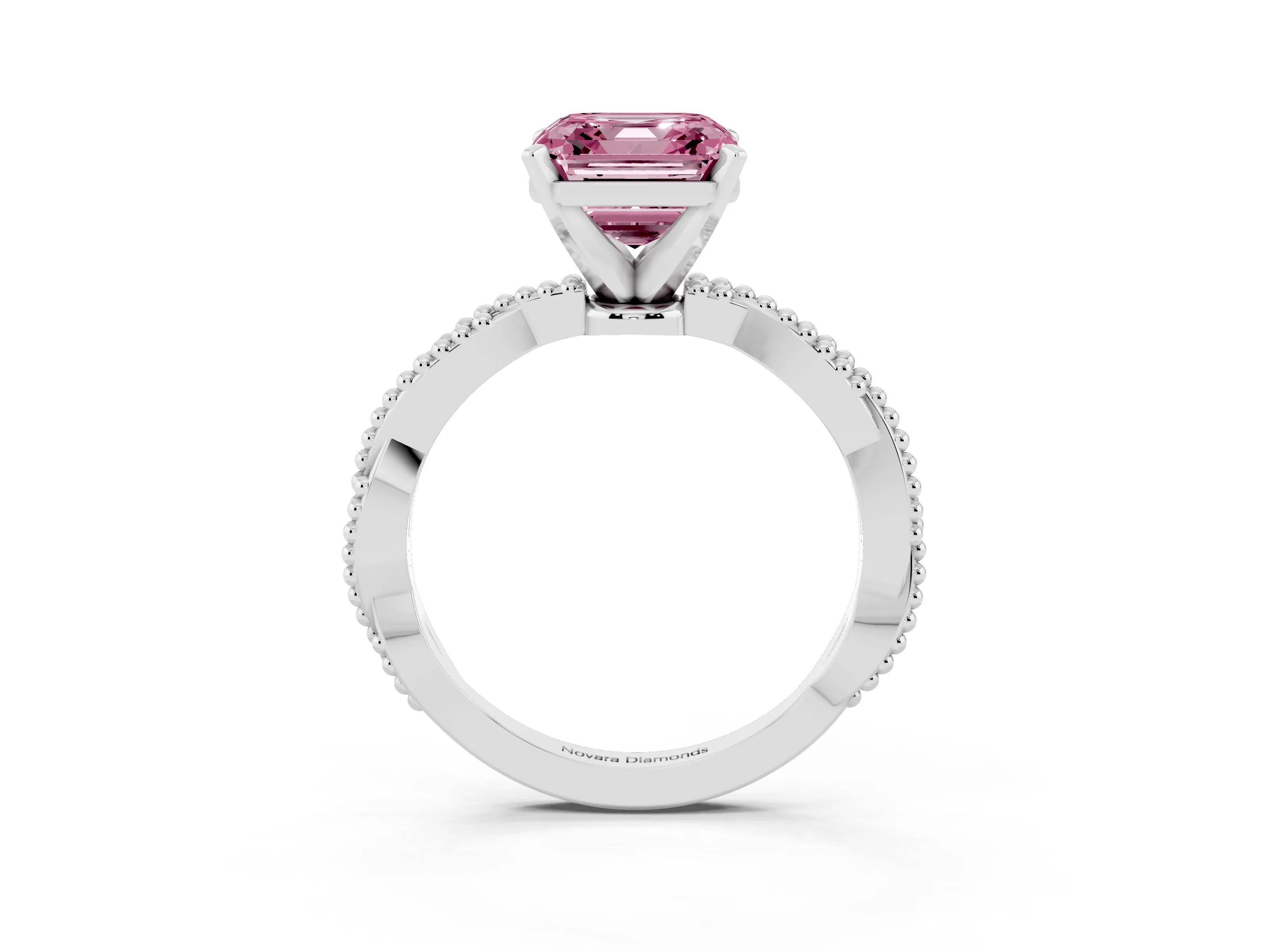 Fancy Pink Asscher Cut Diamond Solitaire Ring Set in White gold with Twisted Band and Bead Prong Setting