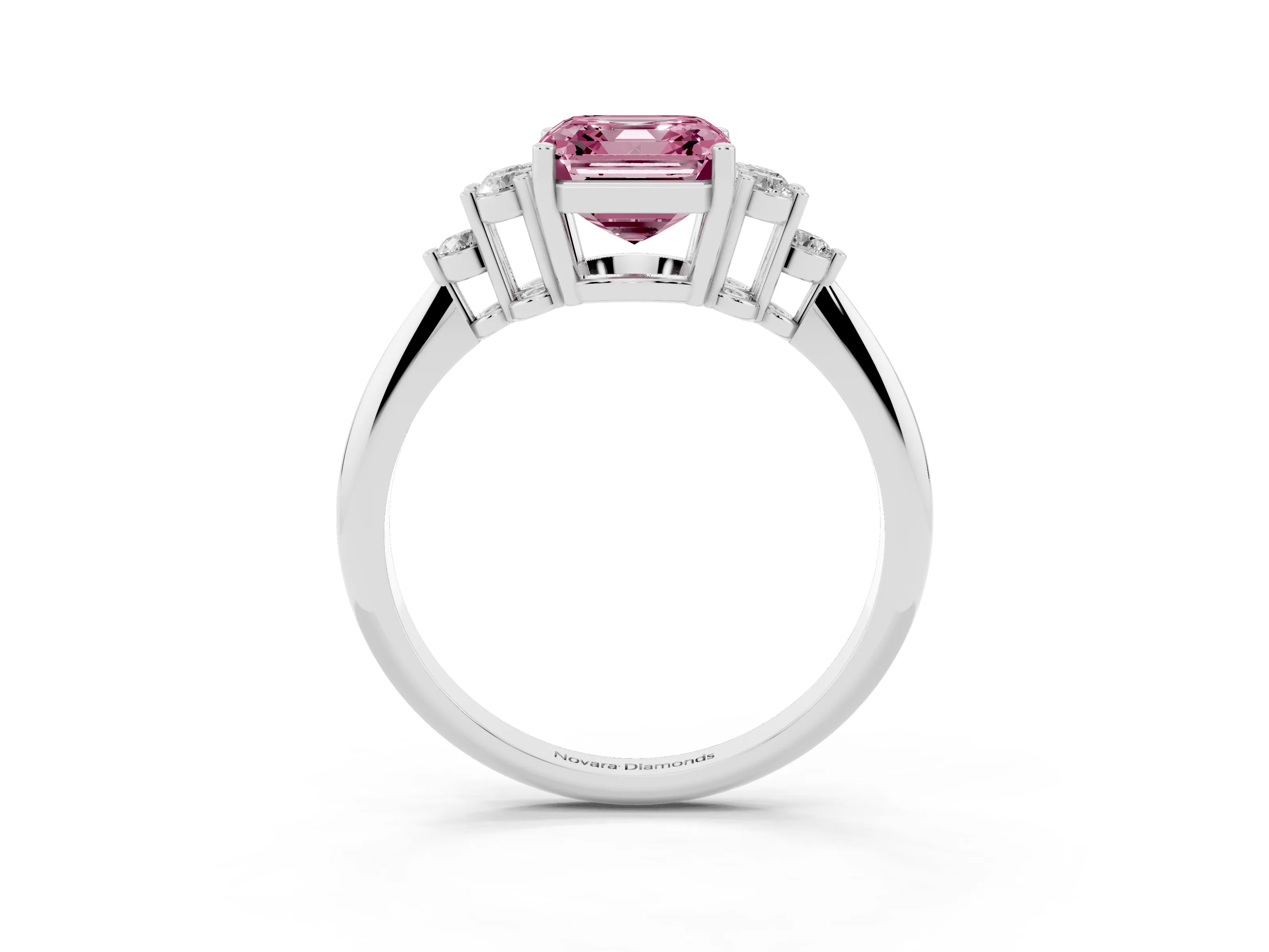 Fancy Pink Asscher Cut Diamond Cluster Ring Set in White gold with Plain Band and Prong Setting