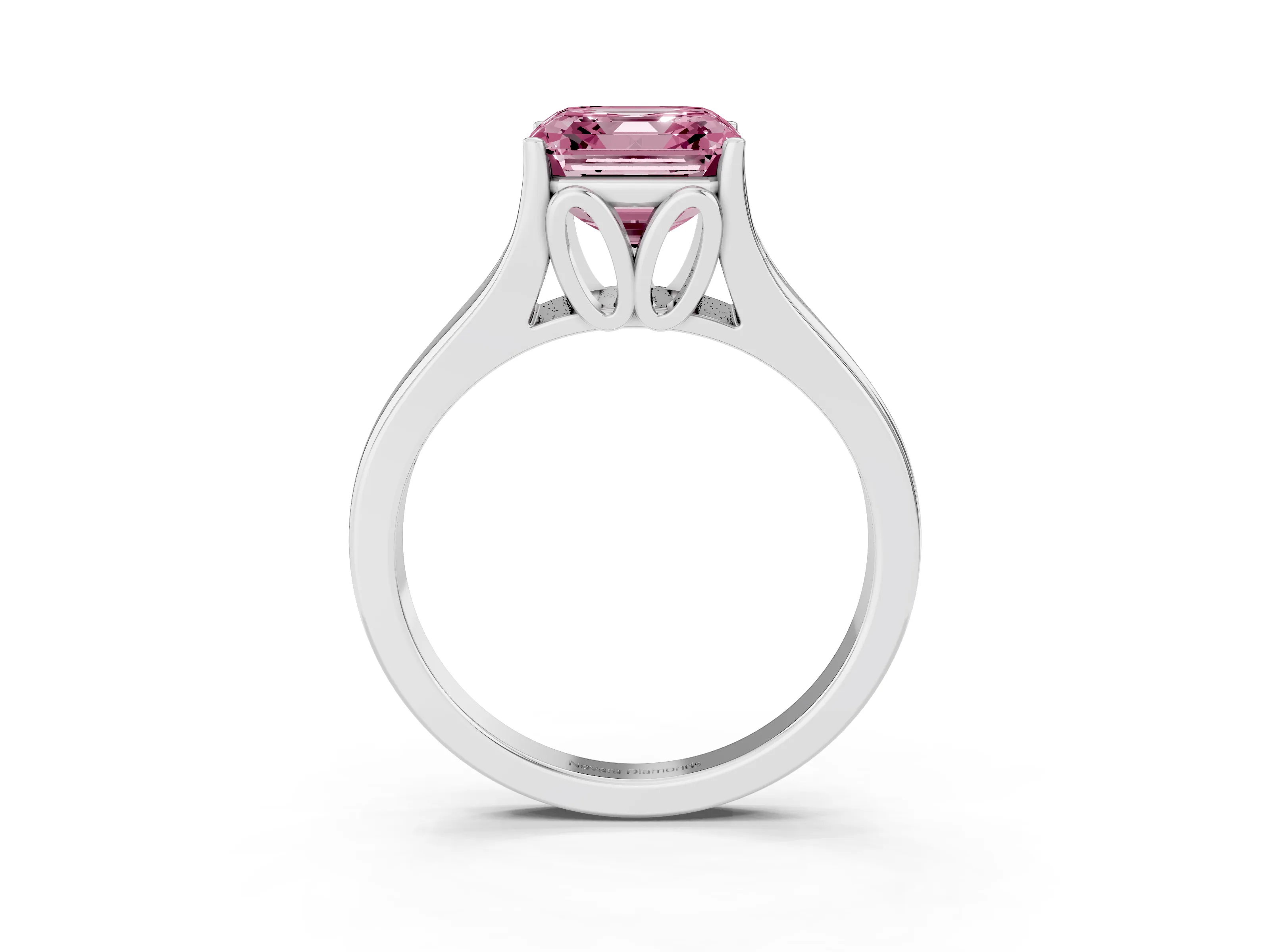 Fancy Pink Asscher Cut Diamond Solitaire Ring Set in Platinum with Arched Cathedral Band and Prong Setting