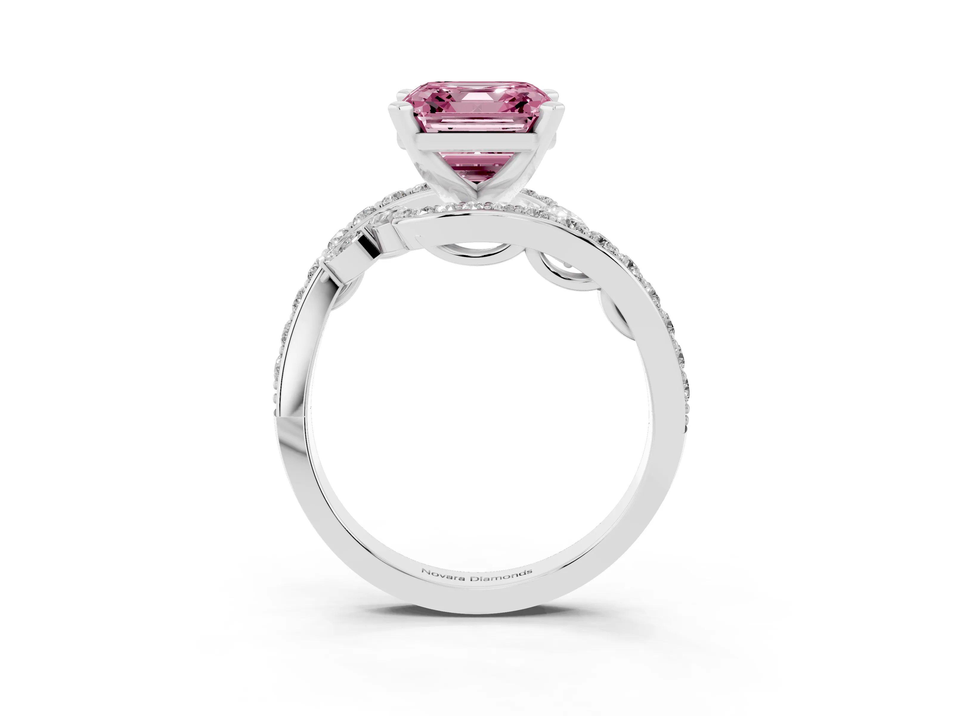 Fancy Pink Asscher Cut Diamond Solitaire Ring Set in Platinum with Pavé Twist Band and Secure Prong Setting
