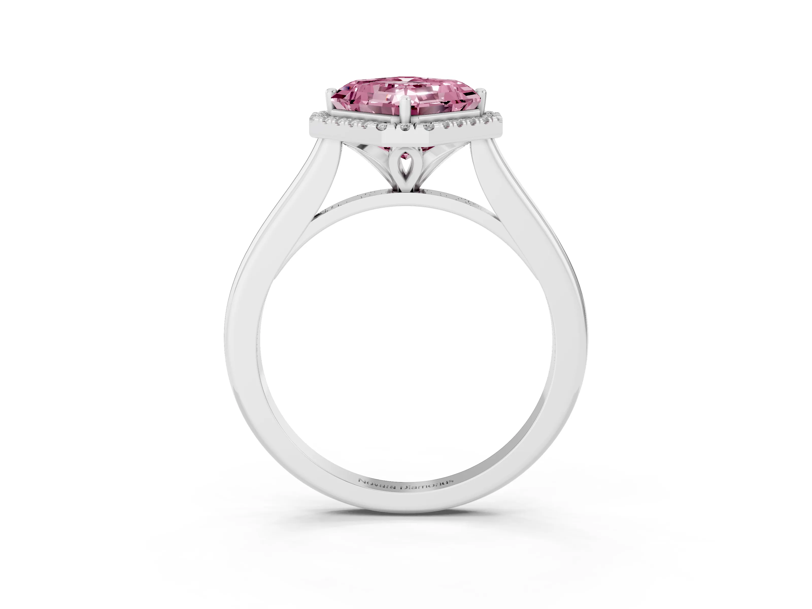 Fancy Pink Asscher Cut Diamond Halo Engagement Ring Set in White gold with Pavé Band and Rising Shoulders