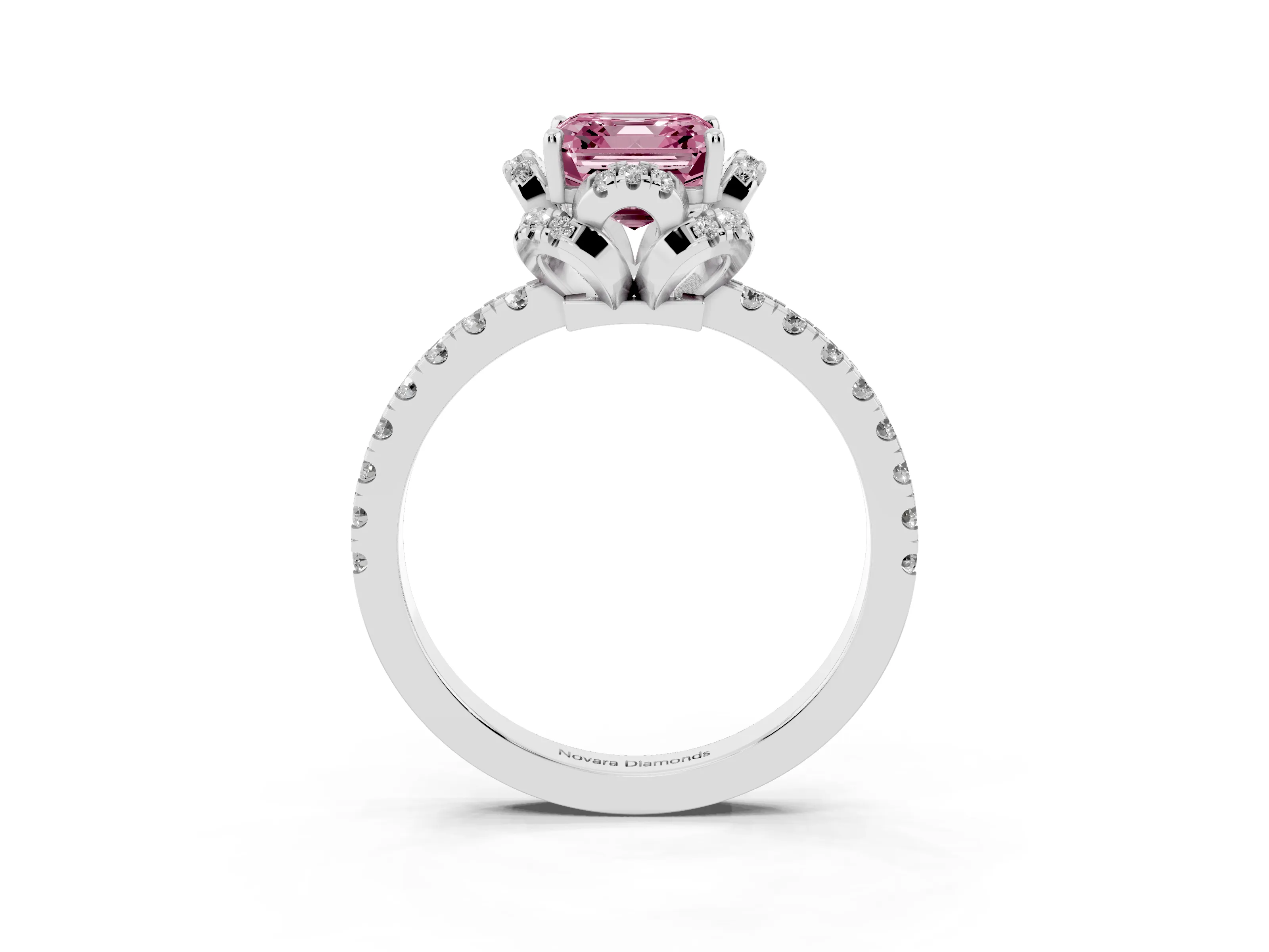 Fancy Pink Asscher Cut Diamond Halo Pavé Band Ring Set in Silver with Prong-Held Center