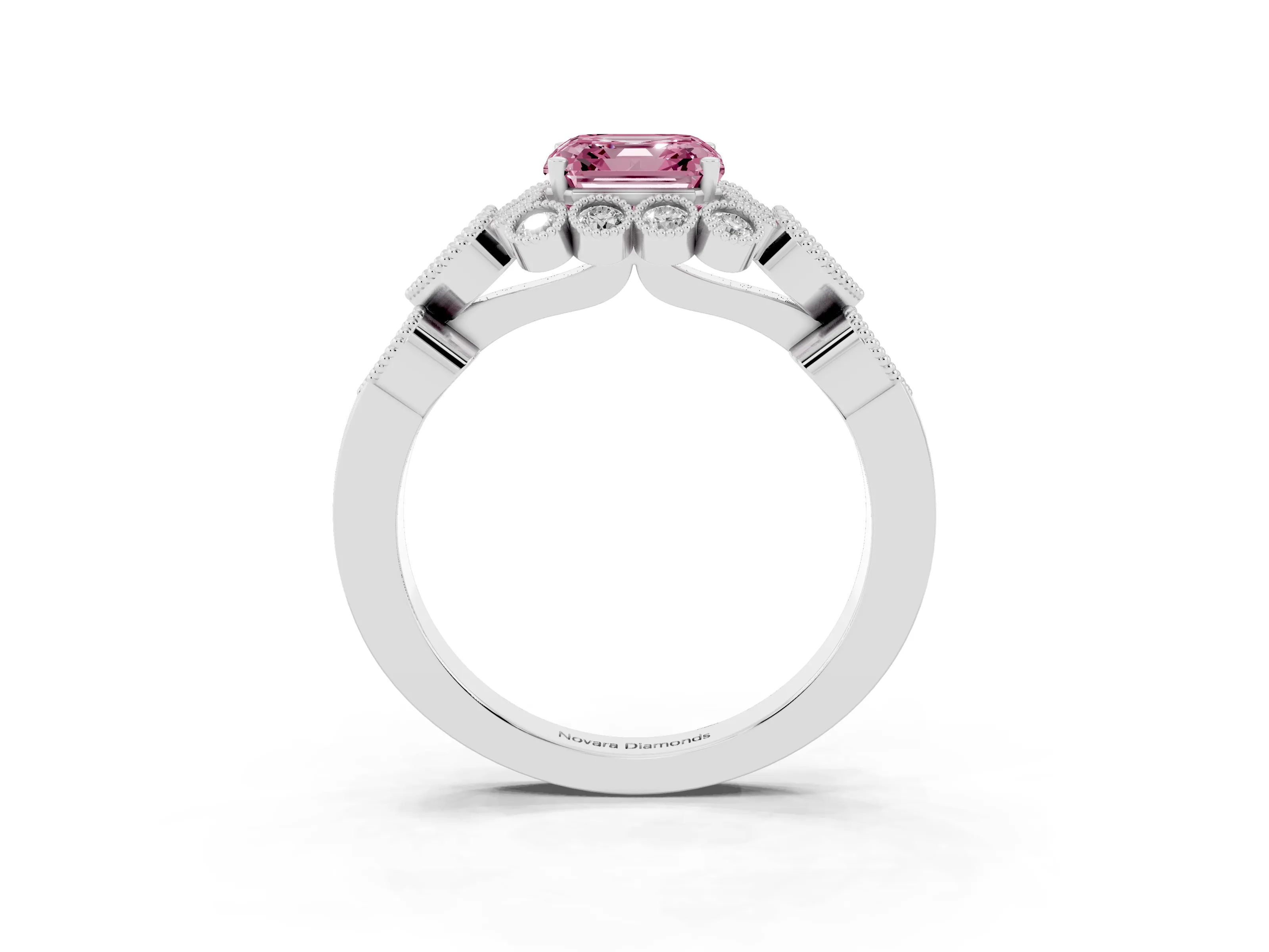 Fancy Pink Asscher Cut Diamond Solitaire Ring Set in Platinum with Milgrain Pavé Heart Band