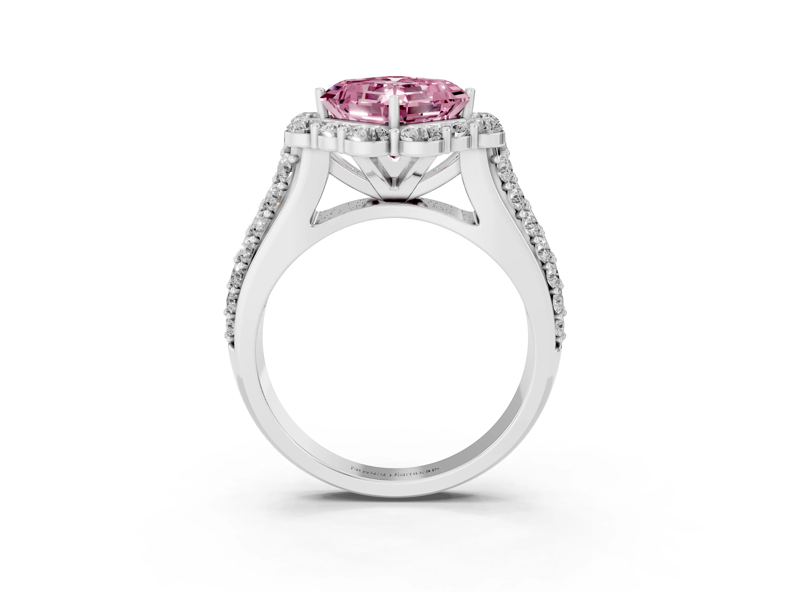 Fancy Pink Asscher Cut Diamond Halo Engagement Ring Set in White gold with Split Shank and Prong Setting