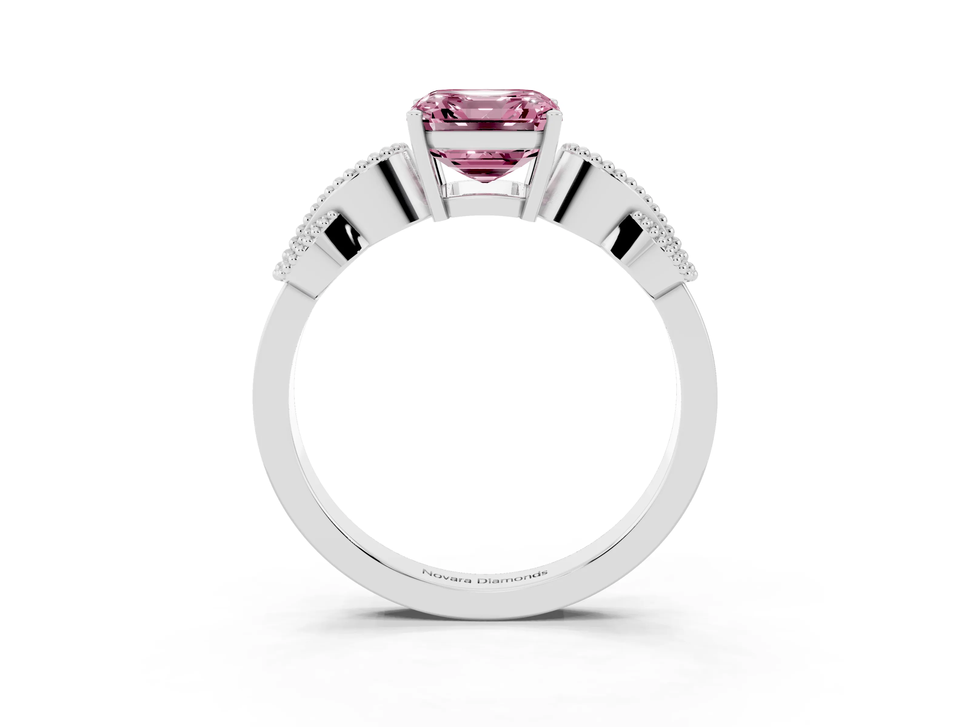 Fancy Pink Asscher Cut Diamond Milgrain Leaf Band Solitaire Ring Set in White gold with Accent Stones and Prong Setting
