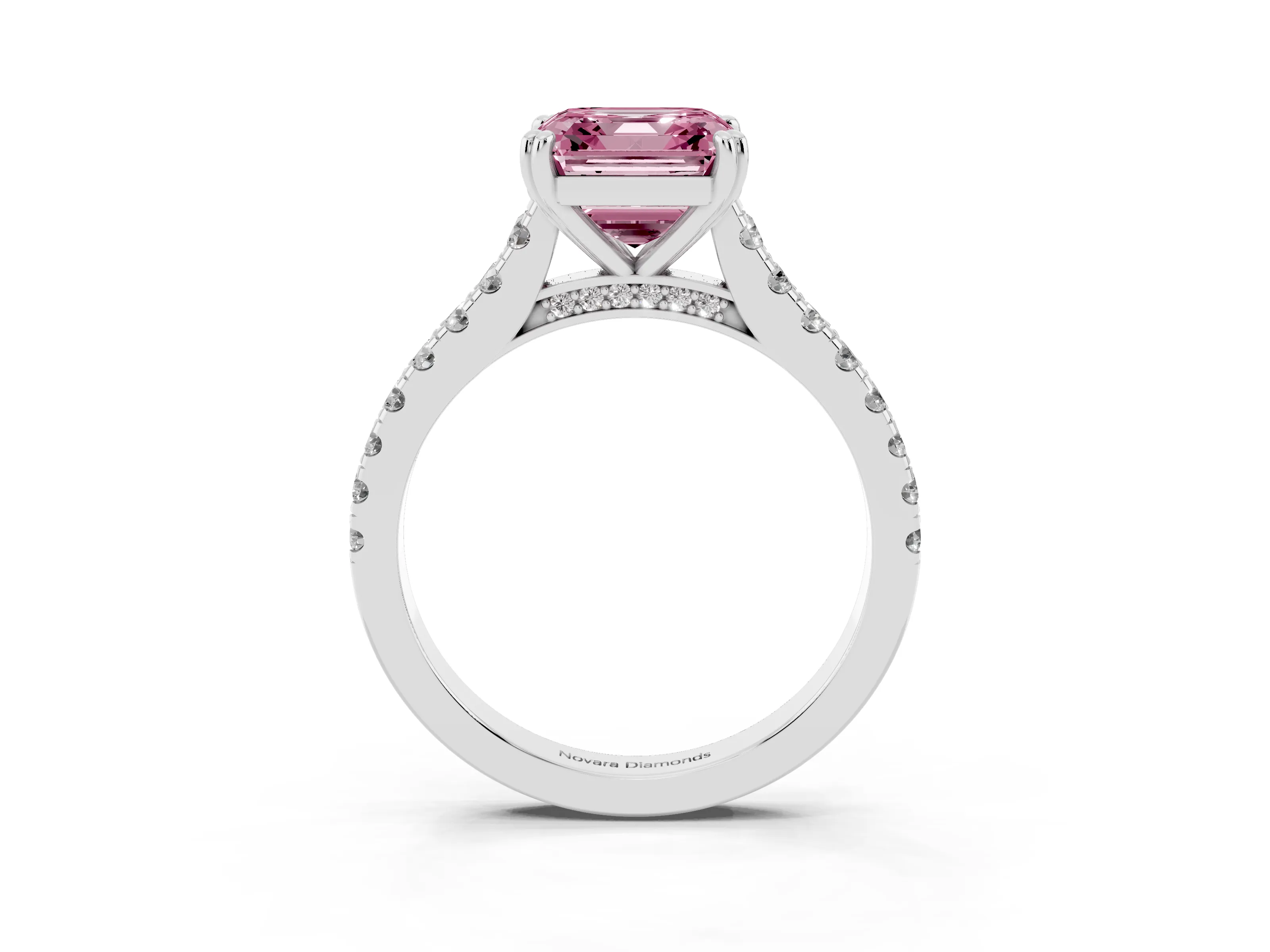 Fancy Pink Asscher Cut Diamond Solitaire Engagement Ring Set in Platinum with Pavé Accents and Prong Setting
