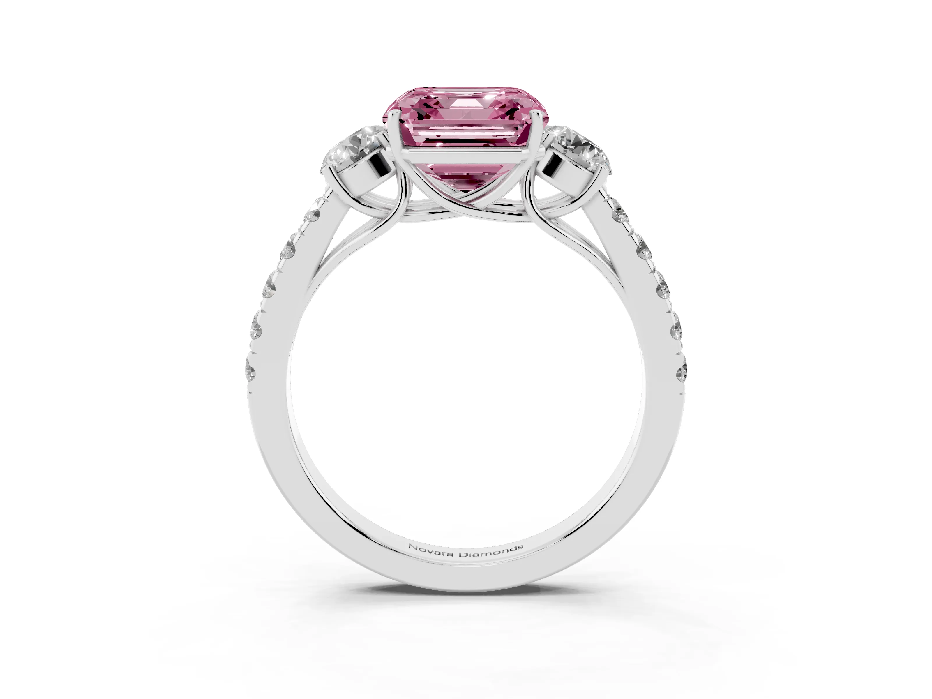 Fancy Pink Asscher Cut Diamond Three-Stone Ring Set in Platinum with Round Side Stones and Delicate Pavé Band